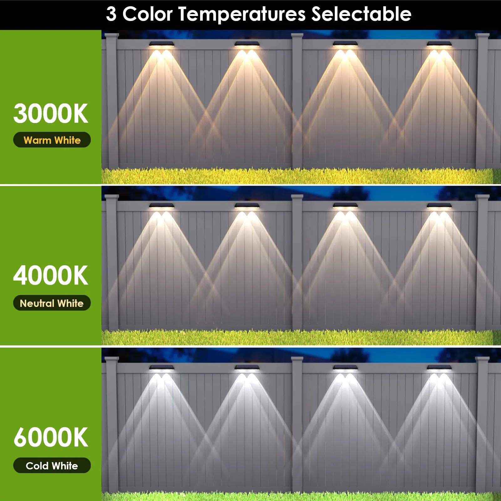 Solar Fence Lights Outdoor - 2700/4000/6000K 3 Mode, 8 Pack Solar Fence Lights Outdoor Waterproof LED, Fence Light Solar Powered for Outside, Backyard, Railing, Step, Patio,Wall and Home Improvement