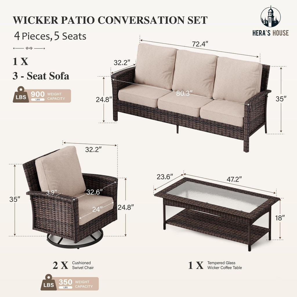 HERA'S HOUSE Patio Furniture Set, High Back Swivel Outdoor Chair with 5.5" Thick Cushions, Oversized Deep Seating Wicker Conversation Set for Lawn Backyard Deck, Navy Blue