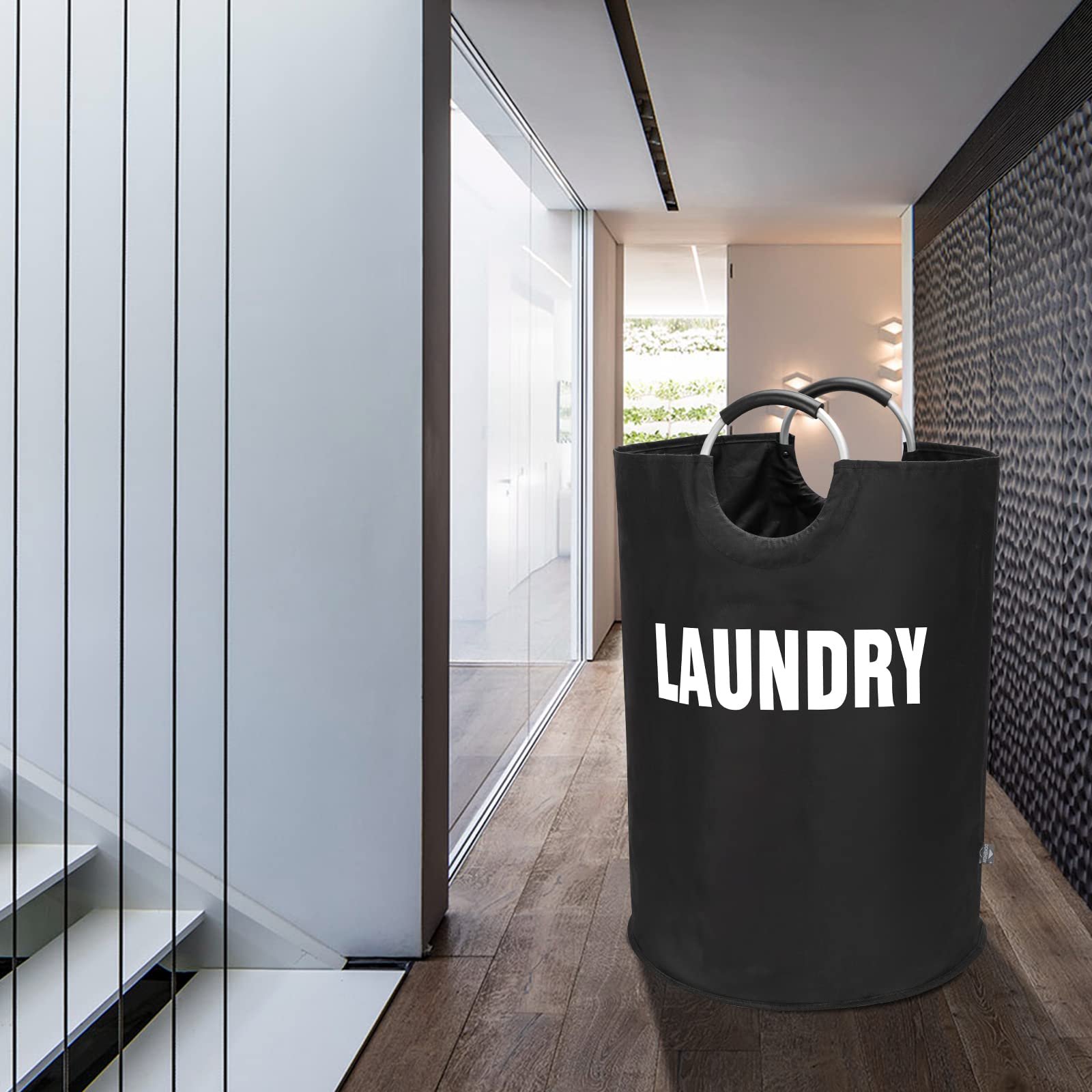 DOKEHOM 90L Large Laundry Basket, Collapsible Laundry Bag, Black | Freestanding tall clothes hamper & foldable washing bin. High-capacity clothes storage basket with durable sturdy handles