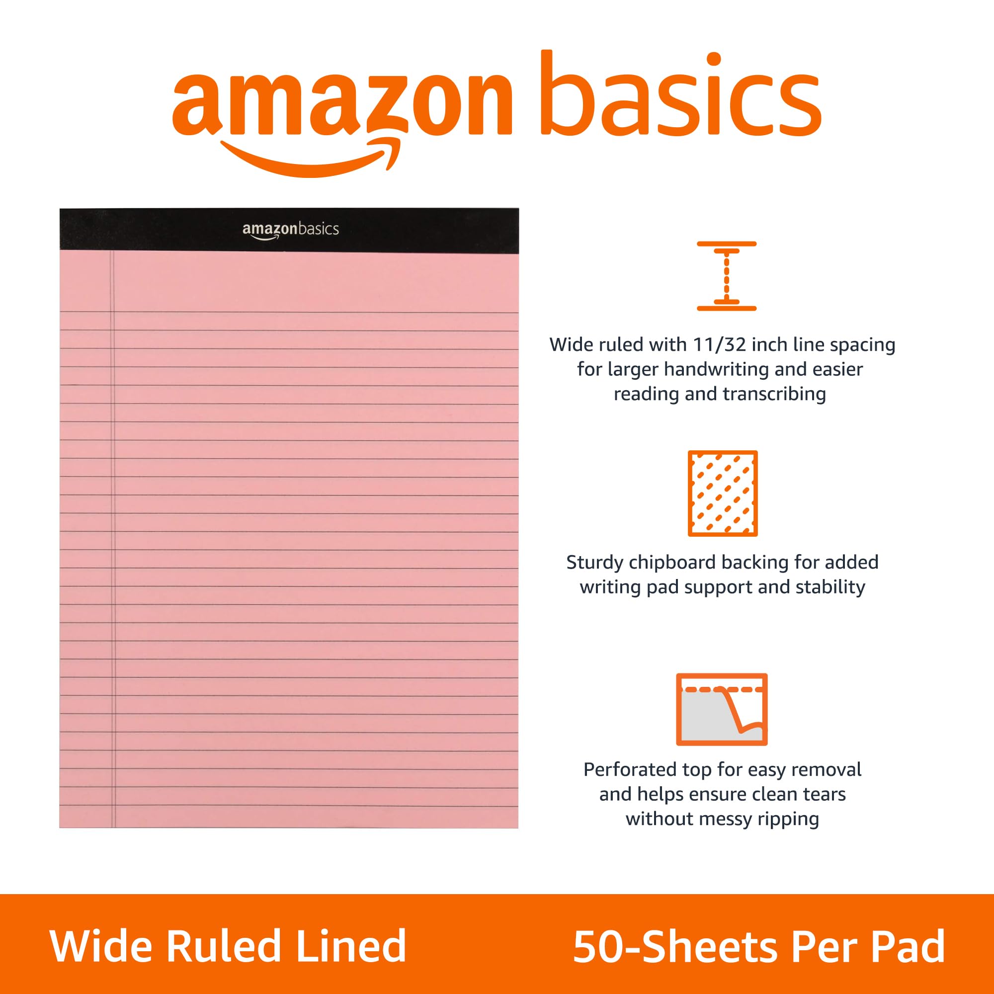 Amazon Basics Narrow Ruled Writing Pads, Perforated, 5" x 8", Multicolor, 6-Pack of 50 Sheets