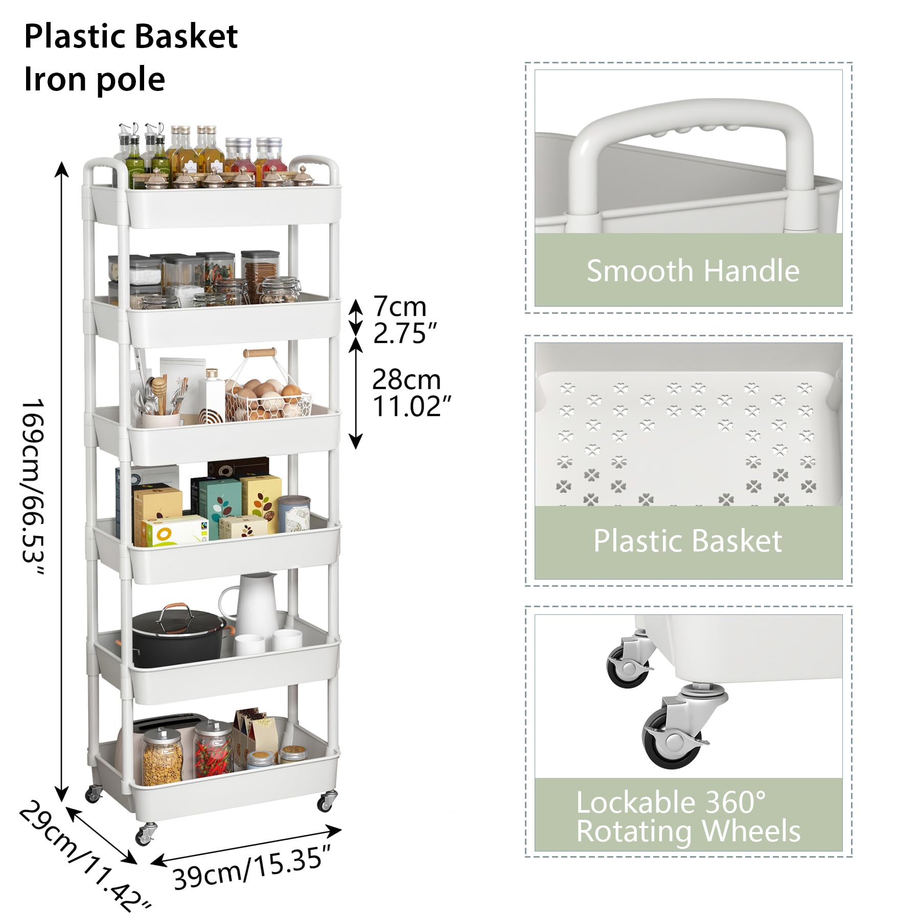 Sywhitta 3-Tier Plastic Rolling Utility Cart with Handle, Multi-Functional Storage Trolley for Office, Living Room, Kitchen, Movable Storage Organizer with Wheels, Black