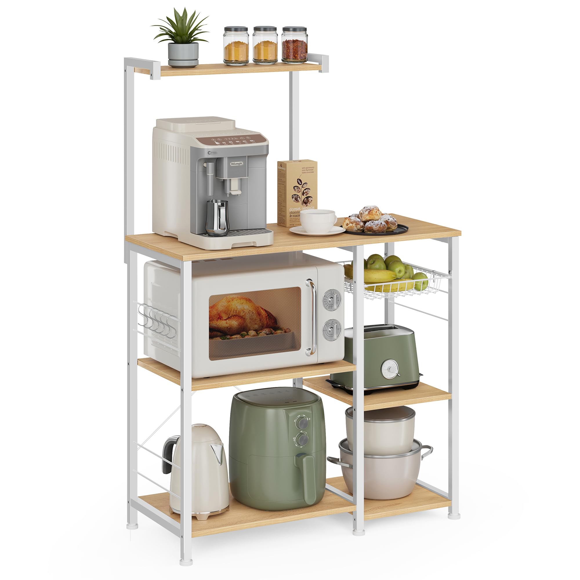 VASAGLE Kitchen Bakers Rack with Power Outlet, Coffee Bar with 35.4-Inch High Worktop, Microwave Stand with 8 Hooks, 15.7 x 31.5 x 66.9 Inches, Golden Oak and Cloud White UKKS059Y01