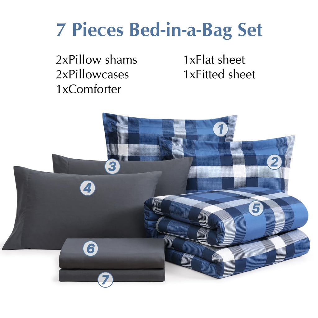 MaiRêve Plaid Twin XL Comforter Set Navy Blue 5 Pieces Dorm Bed in a Bag | Rustic Farmhouse Bedding Sets for Boys Teen with Sheets, Pillowcase & Sham