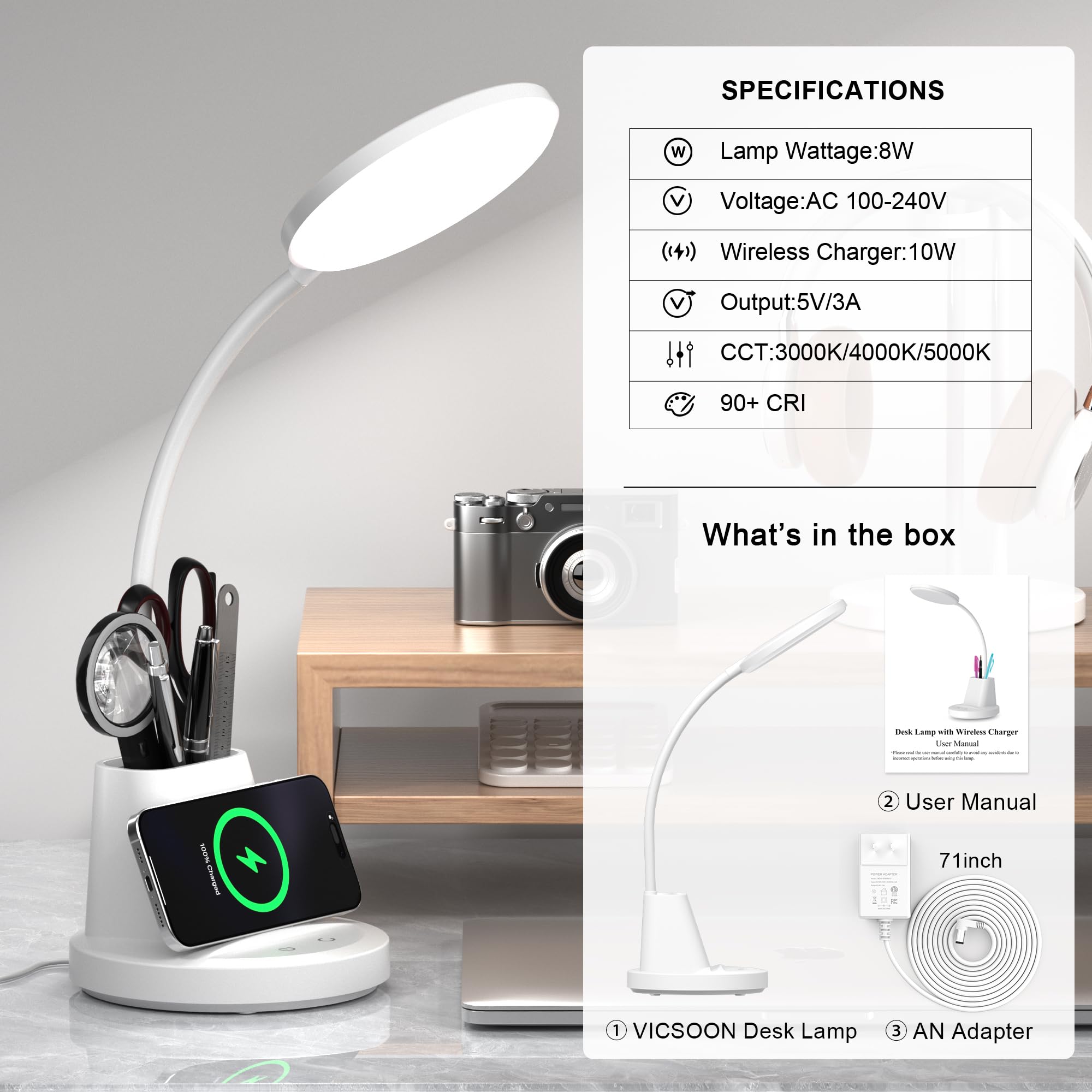 LED Desk Lamp with Wireless Charger for Home Office, Black | 3 Color Modes Dimmable Eye-Caring Study Desk Light for College Dorm Room, 360° Flexible Arm, Built-in Pen Holder, 800 Lumen