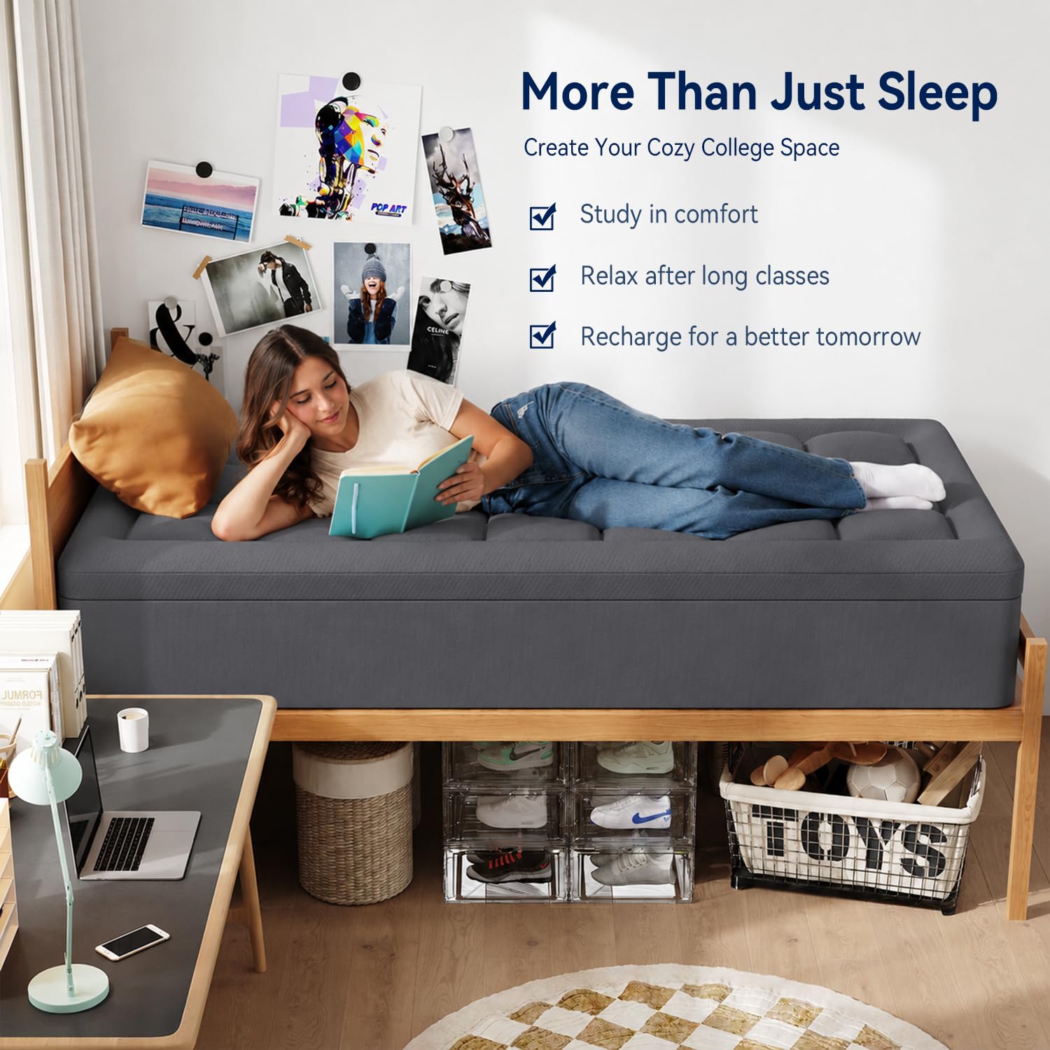 ELEMUSE Twin XL Dorm Dual Layer 3 Inch Memory Foam Mattress Topper for College, Dorm Room Essentials, 2 Inch Cooling Gel Foam and 1 Inch Soft Pillow Top Bed Pad,Back to School Comfortable Support