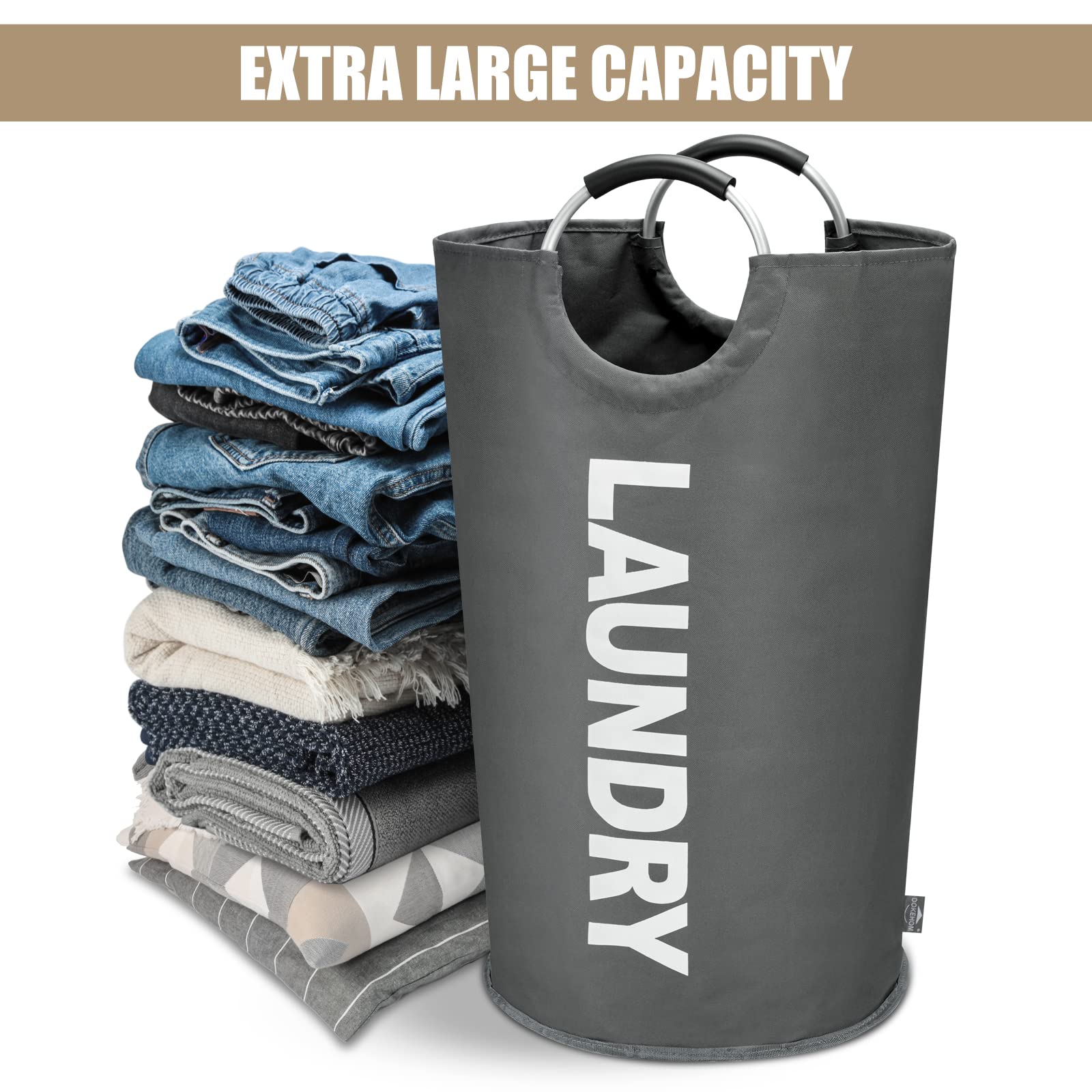 DOKEHOM 90L Large Laundry Basket, Collapsible Laundry Bag, Black | Freestanding tall clothes hamper & foldable washing bin. High-capacity clothes storage basket with durable sturdy handles