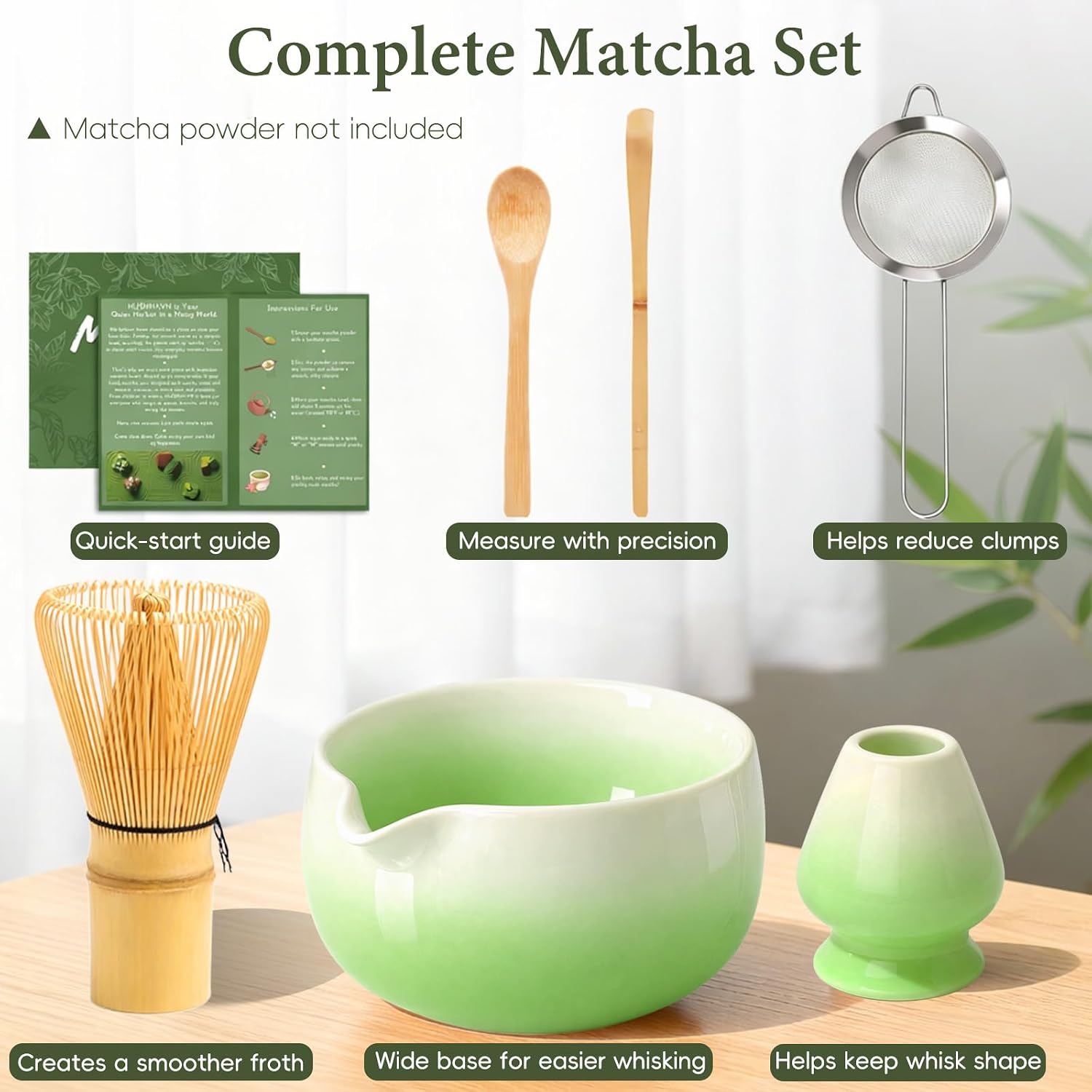 Matcha Whisk Set, Ceramic Matcha Set Includes Bowl & Holder, Bamboo Whisk (Chasen), Scoop, Spoon and Sifter, 6PCS Matcha Kit Covers Everything Needed for Making Matcha (Green)