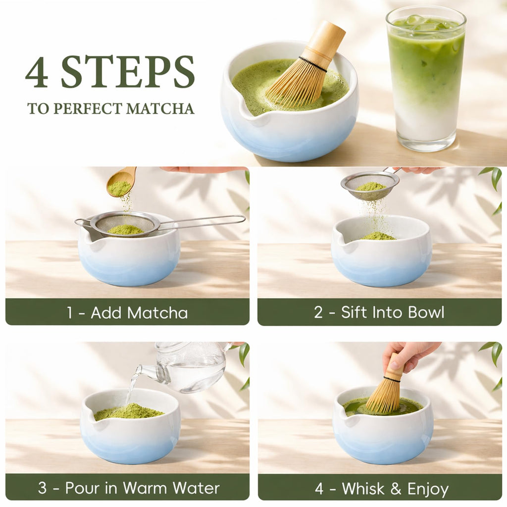 Matcha Whisk Set, Ceramic Matcha Set Includes Bowl & Holder, Bamboo Whisk (Chasen), Scoop, Spoon and Sifter, 6PCS Matcha Kit Covers Everything Needed for Making Matcha (Green)
