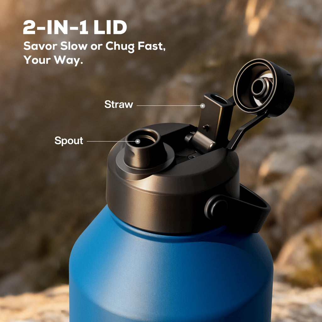 POWCAN 64 oz Insulated Water Bottle for Sports: 2-in-1 Straw & Spout Lid, Leakproof, Carrier Bag, Shoulder Strap, Keep Cold 48H, BPA-Free, Half Gallon Metal Water Jug for Gym, Travel, Gift (Midnight)
