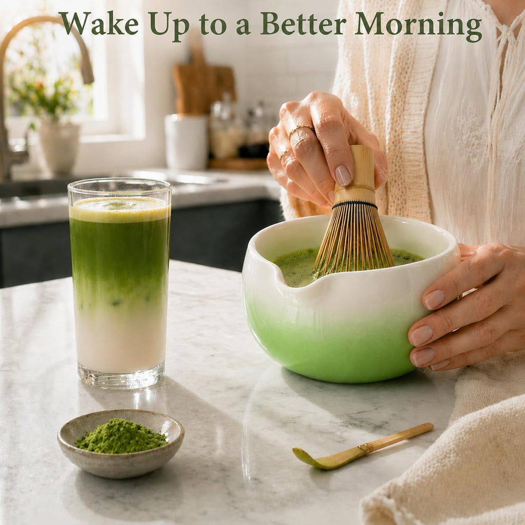 Matcha Whisk Set, Ceramic Matcha Set Includes Bowl & Holder, Bamboo Whisk (Chasen), Scoop, Spoon and Sifter, 6PCS Matcha Kit Covers Everything Needed for Making Matcha (Green)