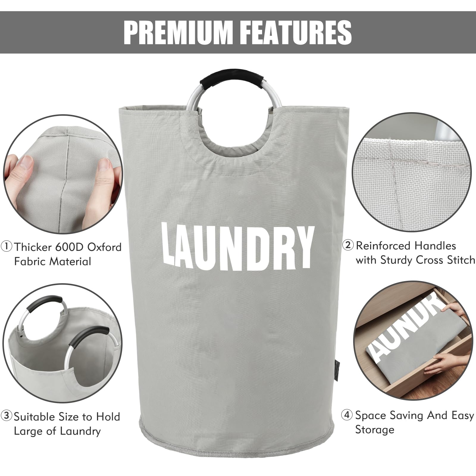 DOKEHOM 90L Large Laundry Basket, Collapsible Laundry Bag, Black | Freestanding tall clothes hamper & foldable washing bin. High-capacity clothes storage basket with durable sturdy handles