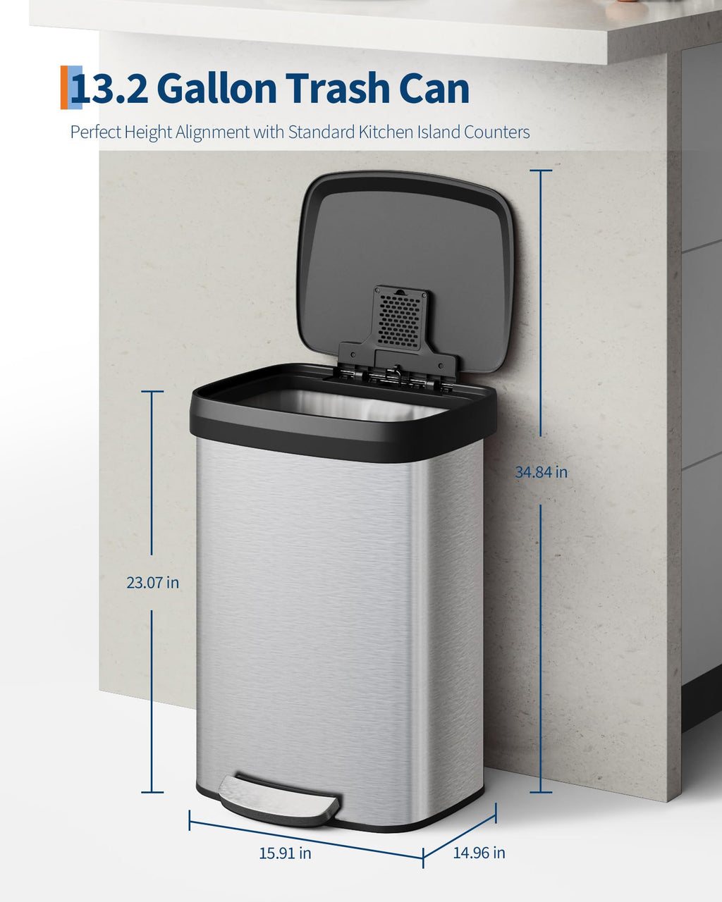 Garvee 13 gal / 50 L Stainless Steel Trash Can with Lid, Large Garbage Can for Kitchen, Rustproof Step-on Kitchen Metal Trash Bin with Liner Rim, Rear Handle, Soft Close Plastic Lid, Silver