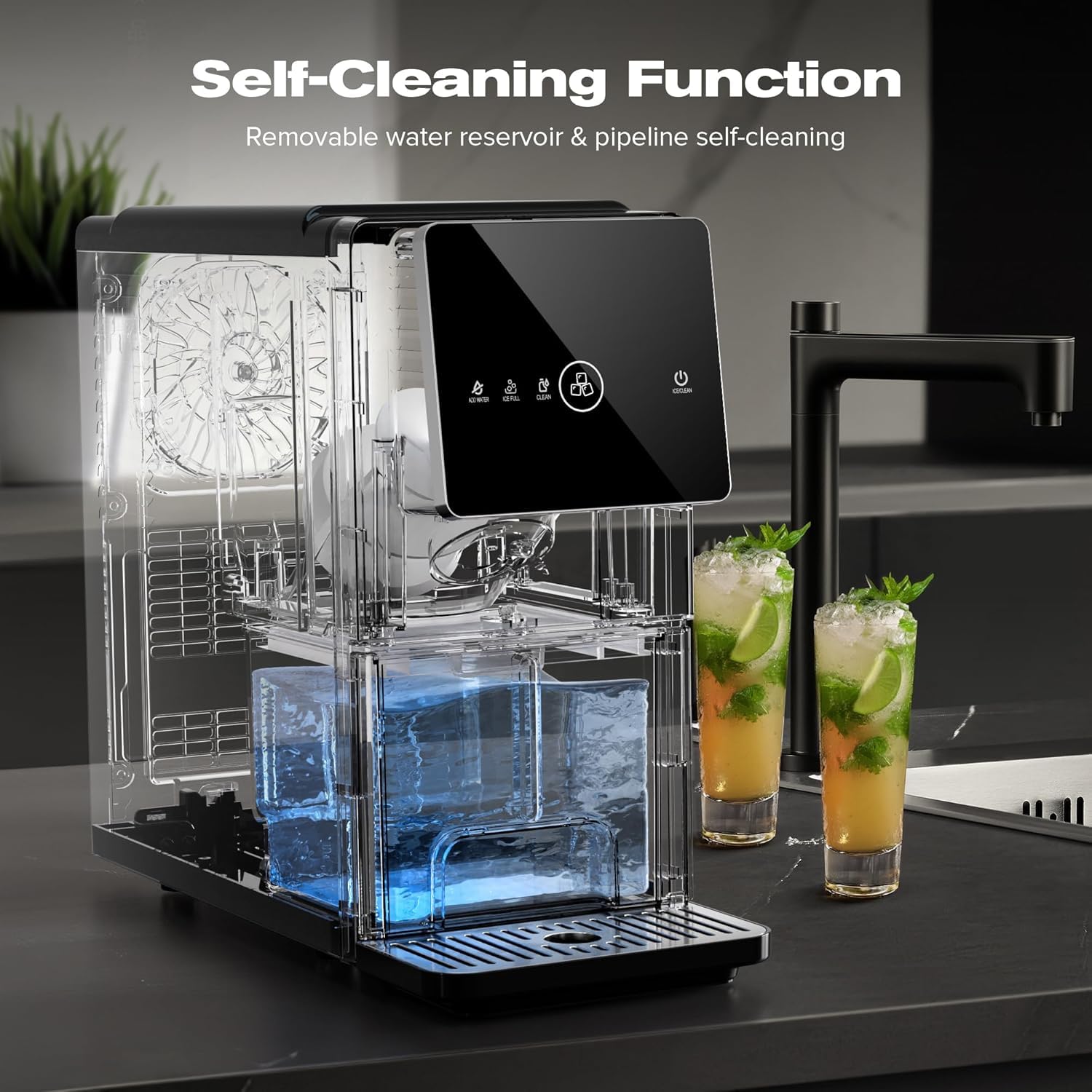 Kismile Nugget Ice Maker Countertop, 33LBS/24H Ice Machine with Soft Chewable Ice, One-Click, Self-Cleaning Function, Stainless Steel Ice Maker with Indicator Lights for Home/Kitchen(Black)
