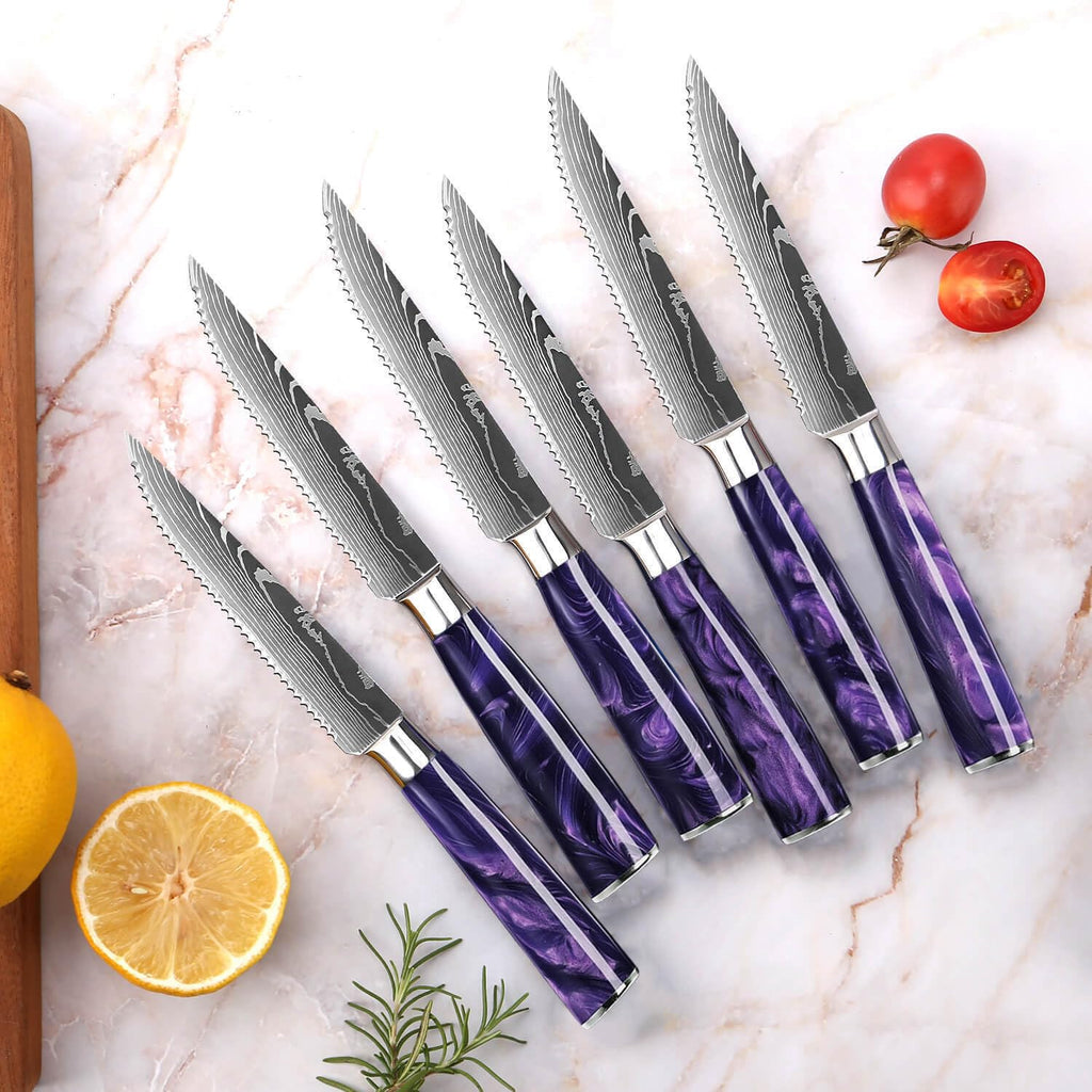 SENKEN 16-Piece Knife Block Set - Japanese High Carbon Stainless Steel with Damascus Pattern, Dark Wood Handles, 6 Steak Knives & Acacia Hardwood Block (Brown)