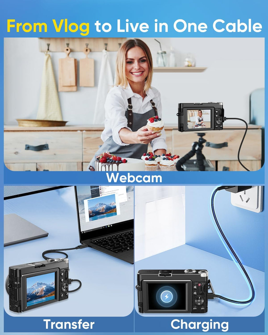 4K Digital Camera 64MP WiFi 180° Flip Screen Autofocus Compact, Black | 16X Zoom Anti-Shake Travel Vlogging YouTube Photography Webcam Filters Scene Modes 32GB Card Dual Rechargeable Batteries