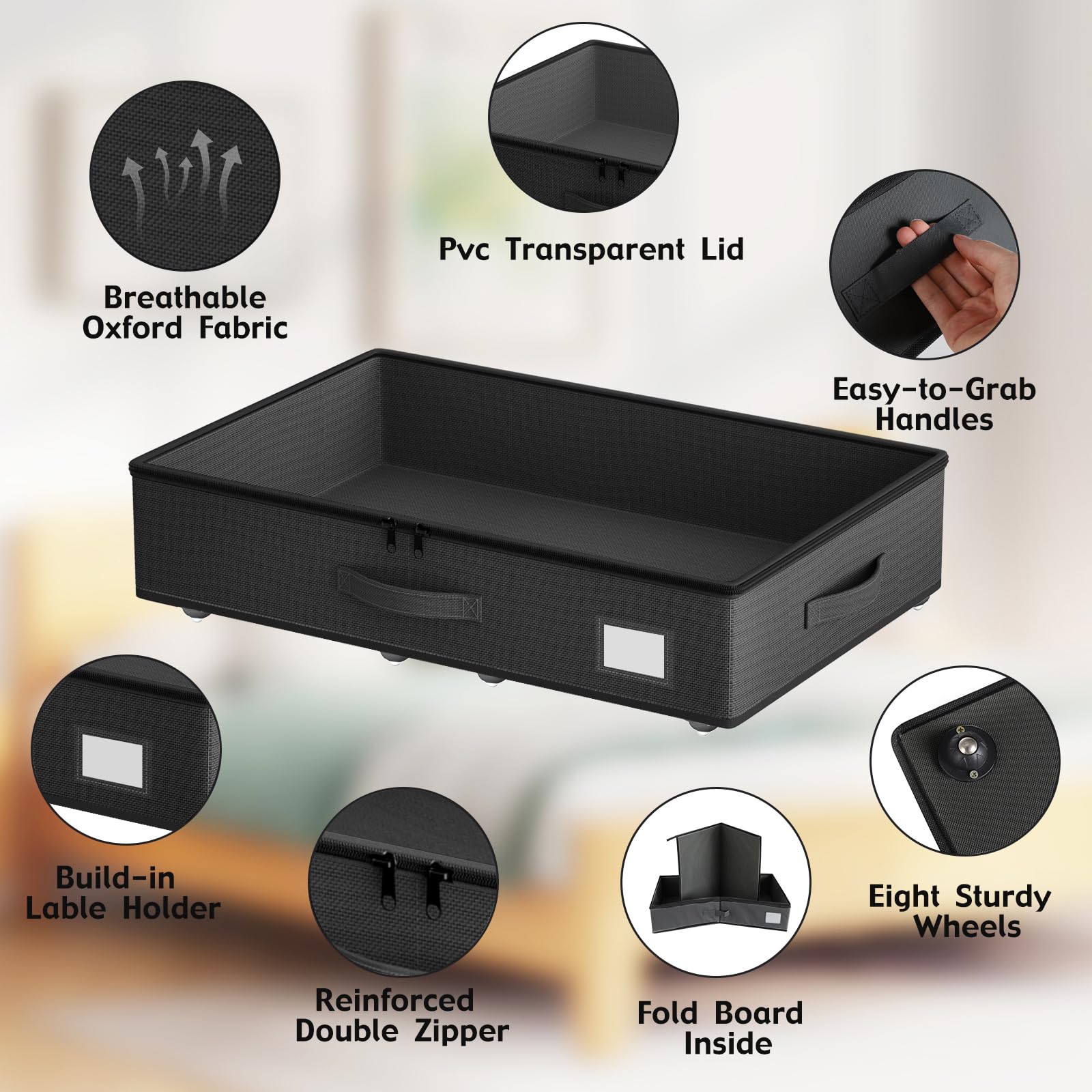 EE-RoomWorld Under Bed Storage with Wheels, No Assemble Required 10 inches height Under Bed Storage bins,Large capacity Rolling Underbed Shoe Storage containers，dorm underbed storage drawers