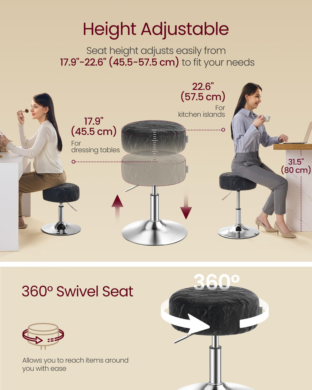 VASAGLE Adjustable Bar Stool, 360° Swivel, PU Leather, Thick Cushion, for Kitchen, Dining Room Bedroom, Modern, Cream White | LJB120W01 Dressing Chair Stool Stool Bedroom Kitchen Dining Room Modern White