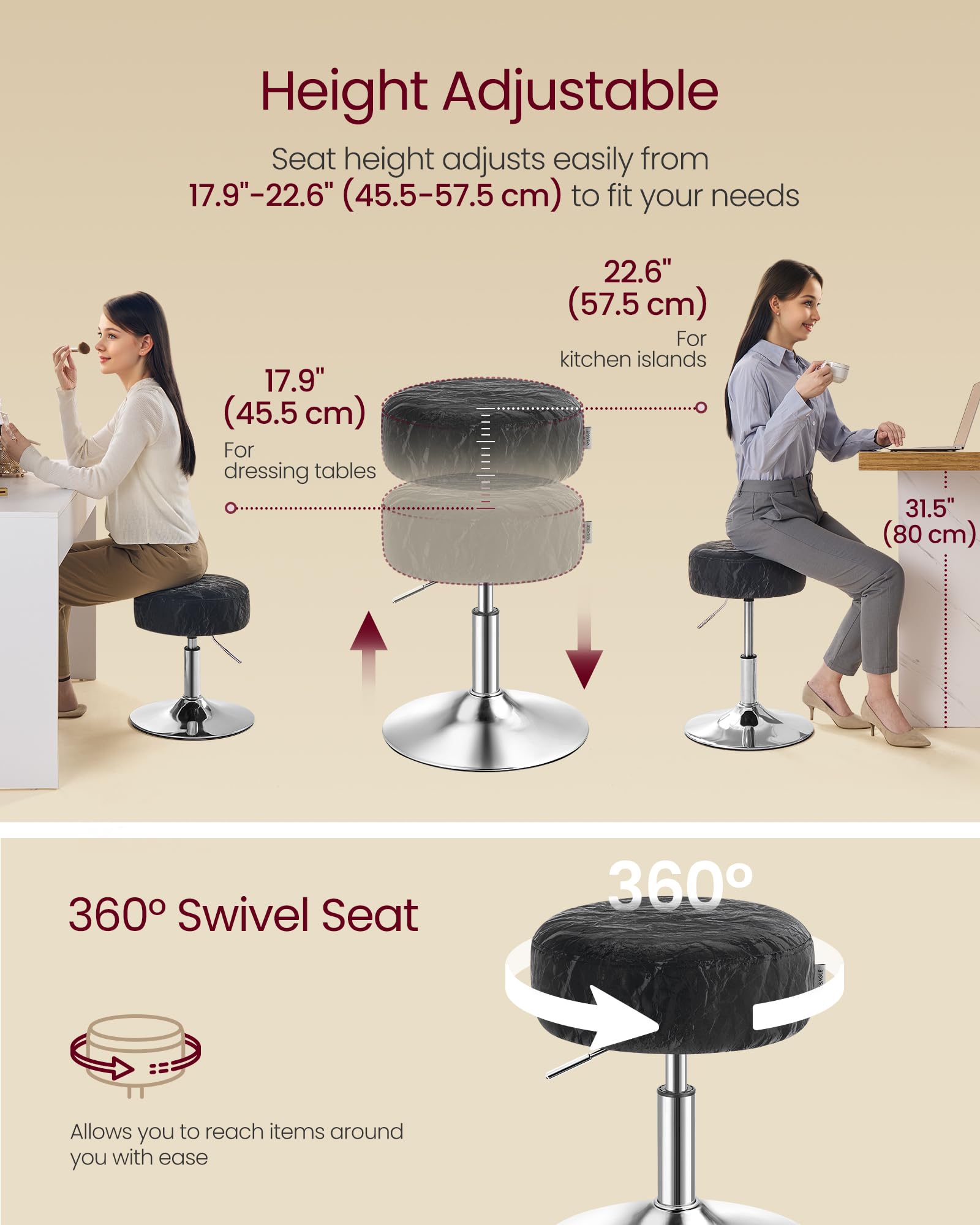 VASAGLE Adjustable Bar Stool, 360° Swivel, PU Leather, Thick Cushion, for Kitchen, Dining Room Bedroom, Modern, Cream White | LJB120W01 Dressing Chair Stool Stool Bedroom Kitchen Dining Room Modern White