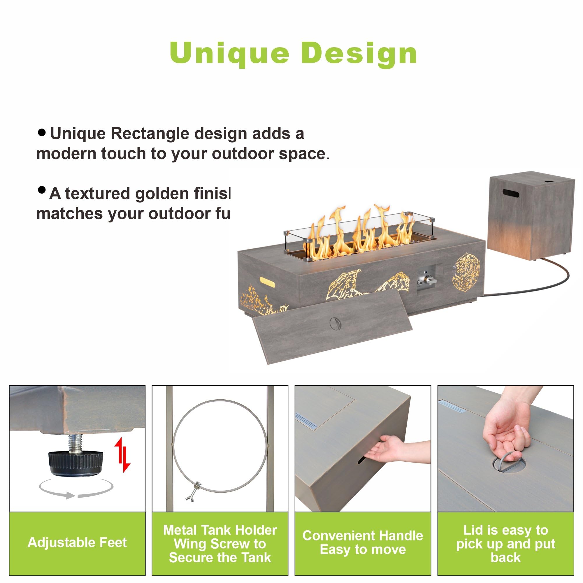 SUNPEAK 42" Modern Fire Pit Table with LED Light 50,000 BTU Deck Fire Pit Table Includes Wind Guard, Lid, Rocks & Cover - Propane Gas Patio Fireplace, Chimenea para Patio (Grey/Golden Light, 42" LED)