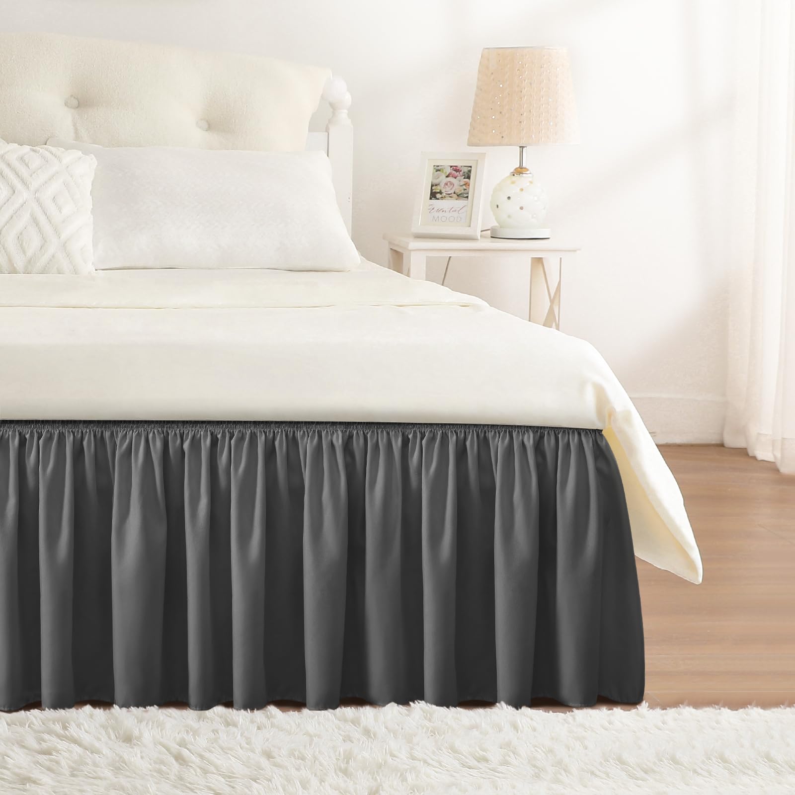 RIMELA Dorm Bed Skirt Twin XL 32 Inch Drop, Easy to Install Extra Long Wrap Around Elastic Dust Ruffle, White Bedskirt Solid Silky Fabric Machine Washable, Bedroom Decor