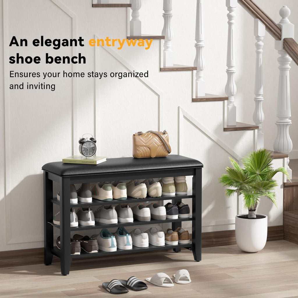 Taitiy Shoe Bench Storage Rubberwood with Leather Cushion for Entryway Bench Ideal for Hallways Shoe Rack Front Doors Entrances Mudrooms Featuring 3 Height-Adjustable and Removable Shelves