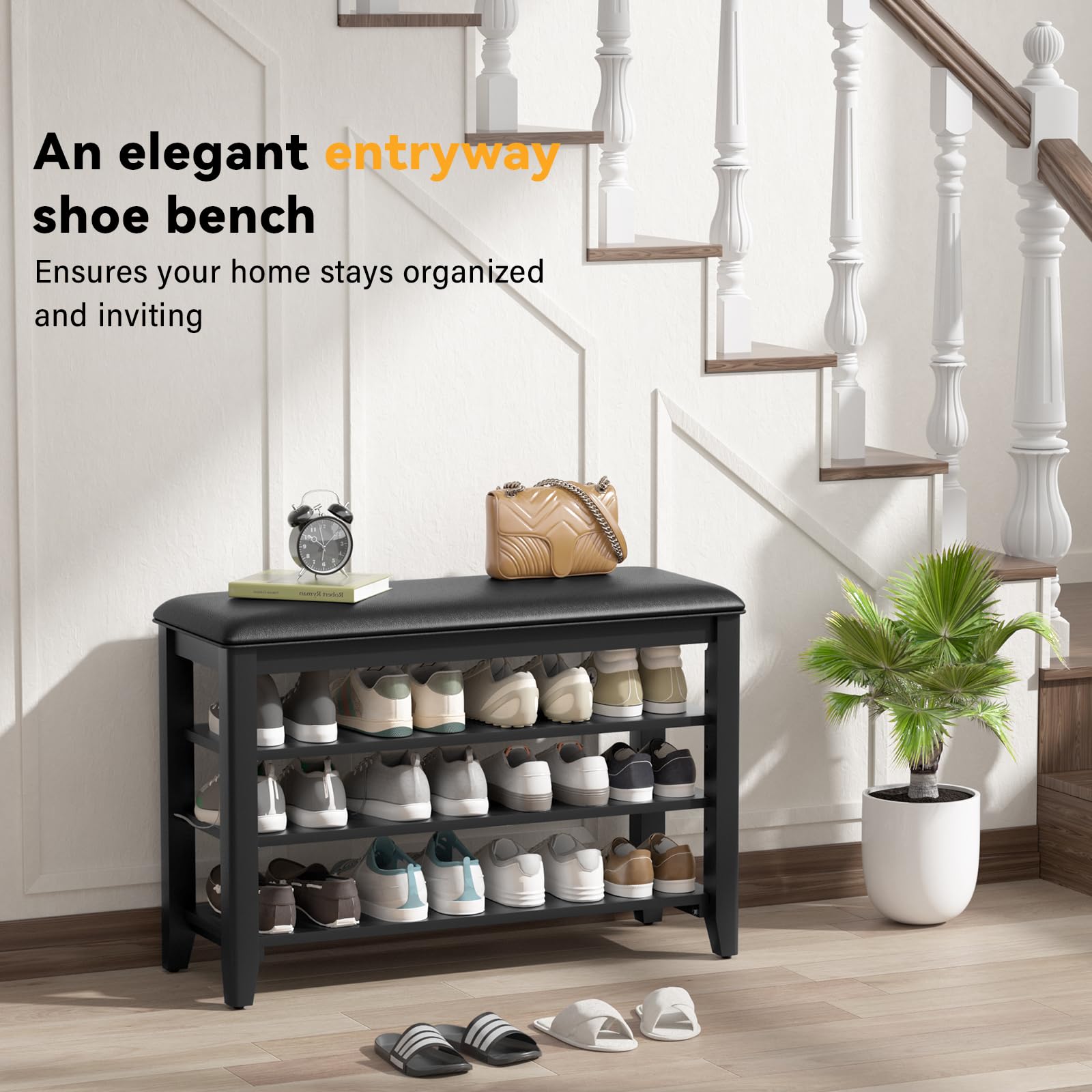 Taitiy Shoe Bench Storage Rubberwood with Leather Cushion for Entryway Bench Ideal for Hallways Shoe Rack Front Doors Entrances Mudrooms Featuring 3 Height-Adjustable and Removable Shelves