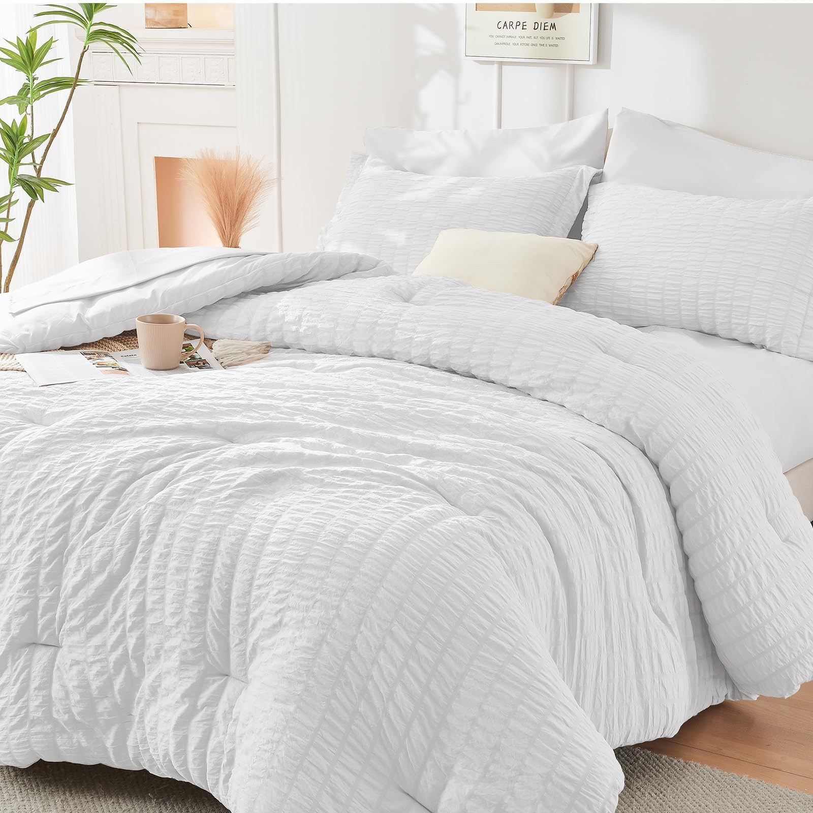 HYMOKEGE Twin XL Comforter Set Seersucker 5 Pieces, All Season Luxury Bed in a Bag for Bedroom, Bedding Set with Comforter, Sheet, Pillowcase & Sham, Dark Grey