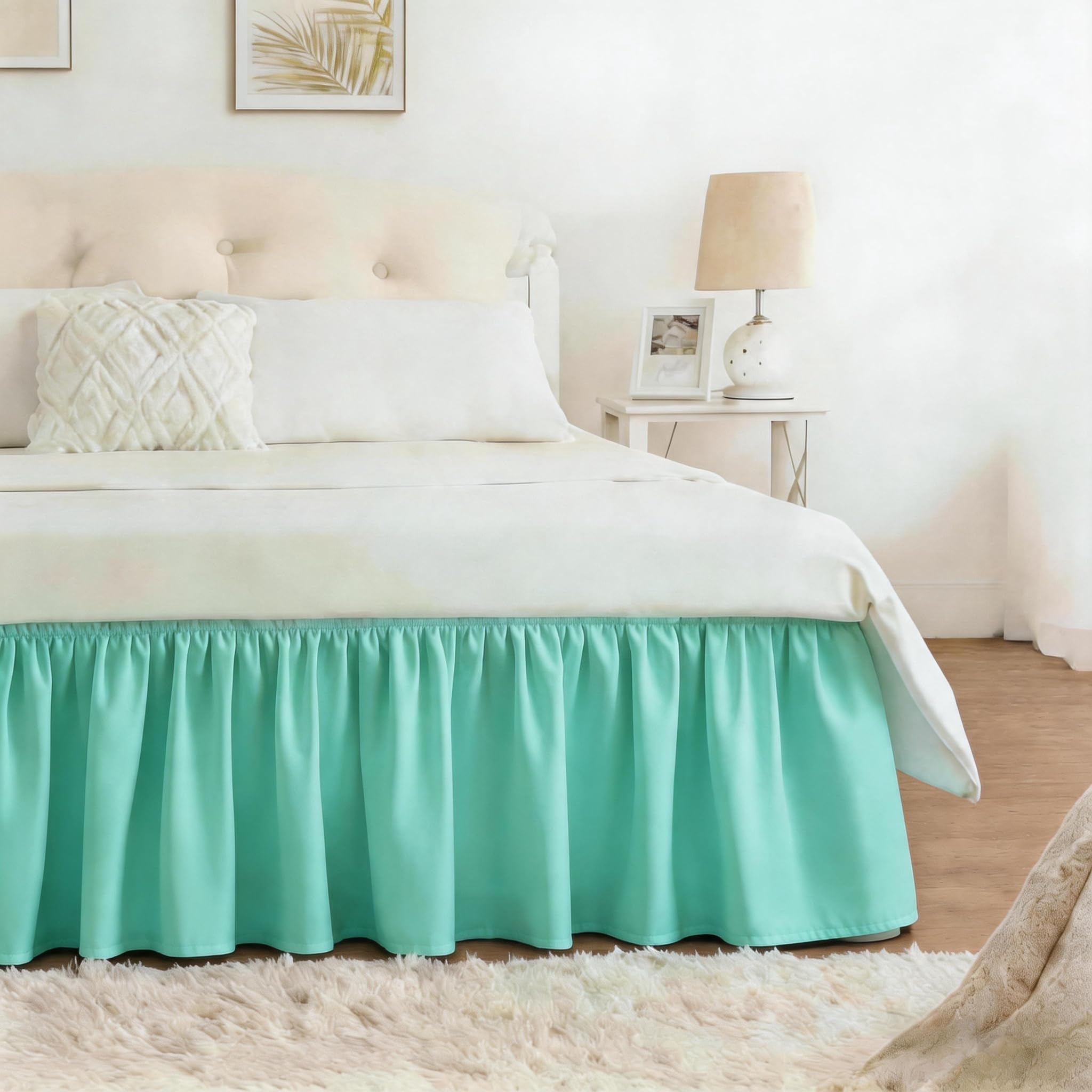 RIMELA Dorm Bed Skirt Twin XL 32 Inch Drop, Easy to Install Extra Long Wrap Around Elastic Dust Ruffle, White Bedskirt Solid Silky Fabric Machine Washable, Bedroom Decor