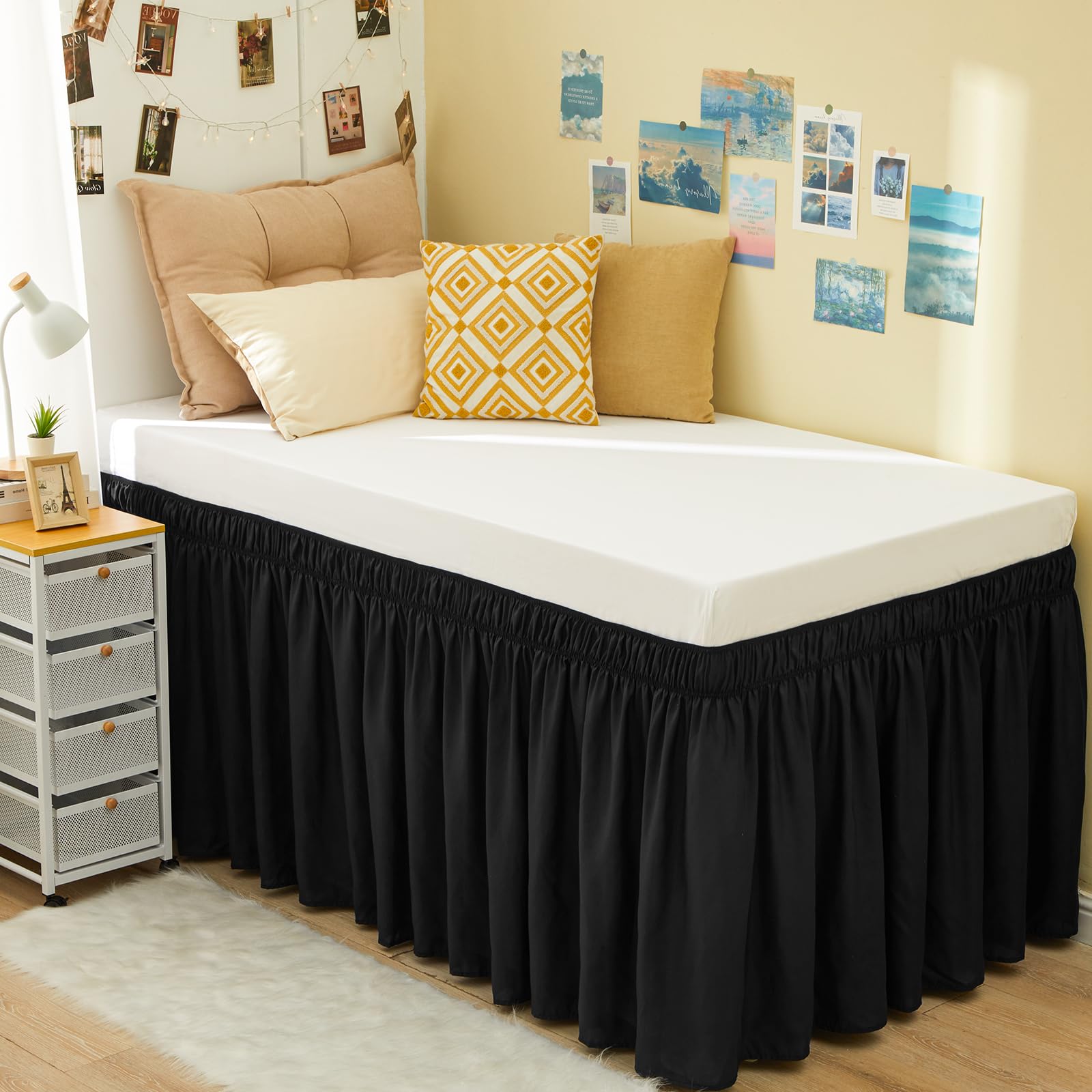RIMELA Dorm Bed Skirt Twin XL 32 Inch Drop, Easy to Install Extra Long Wrap Around Elastic Dust Ruffle, White Bedskirt Solid Silky Fabric Machine Washable, Bedroom Decor