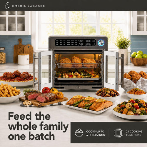 Emeril Lagasse Extra Large French Door Air Fryer Toaster Oven Combo, 24 Cooking Functions and Digital Controls, 7 Accessories Included, Stainless Steel Finish, 26QT Capacity