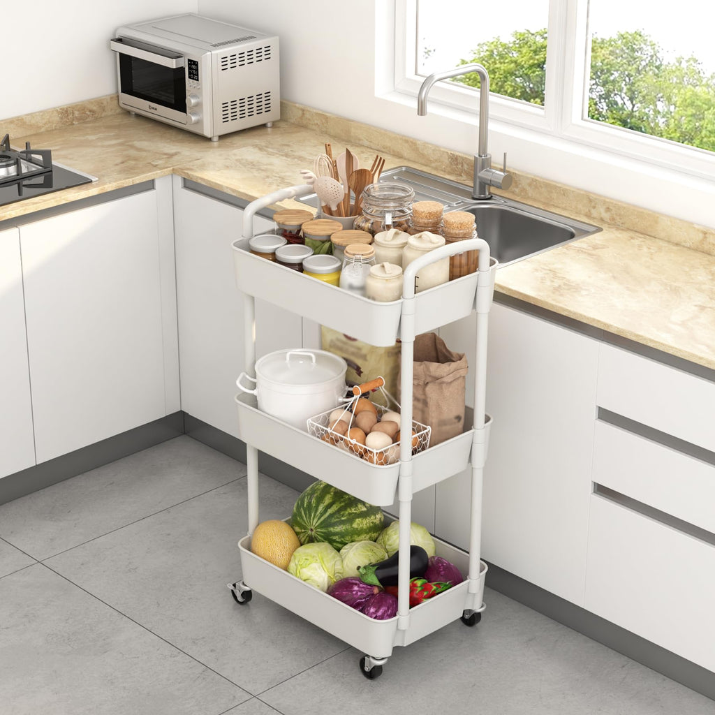 Sywhitta 3-Tier Plastic Rolling Utility Cart with Handle, Multi-Functional Storage Trolley for Office, Living Room, Kitchen, Movable Storage Organizer with Wheels, Black