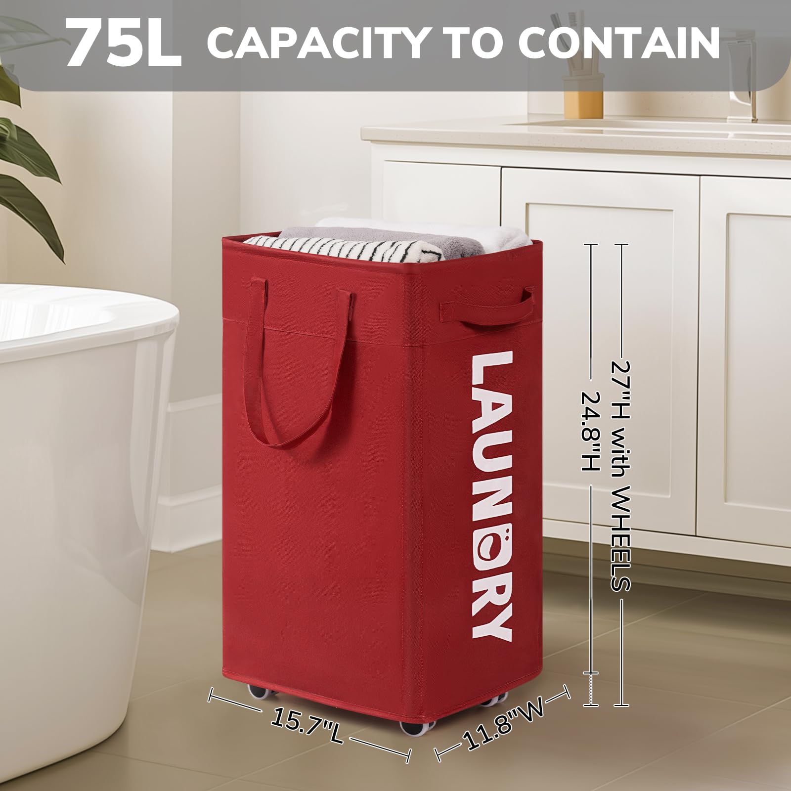 Goodpick Pink Laundry Basket with Wheels, Dorm Room Essentials for Girls, 75L Collapsible Laundry Basket, Laundry Hamper with Handle for College Dorm