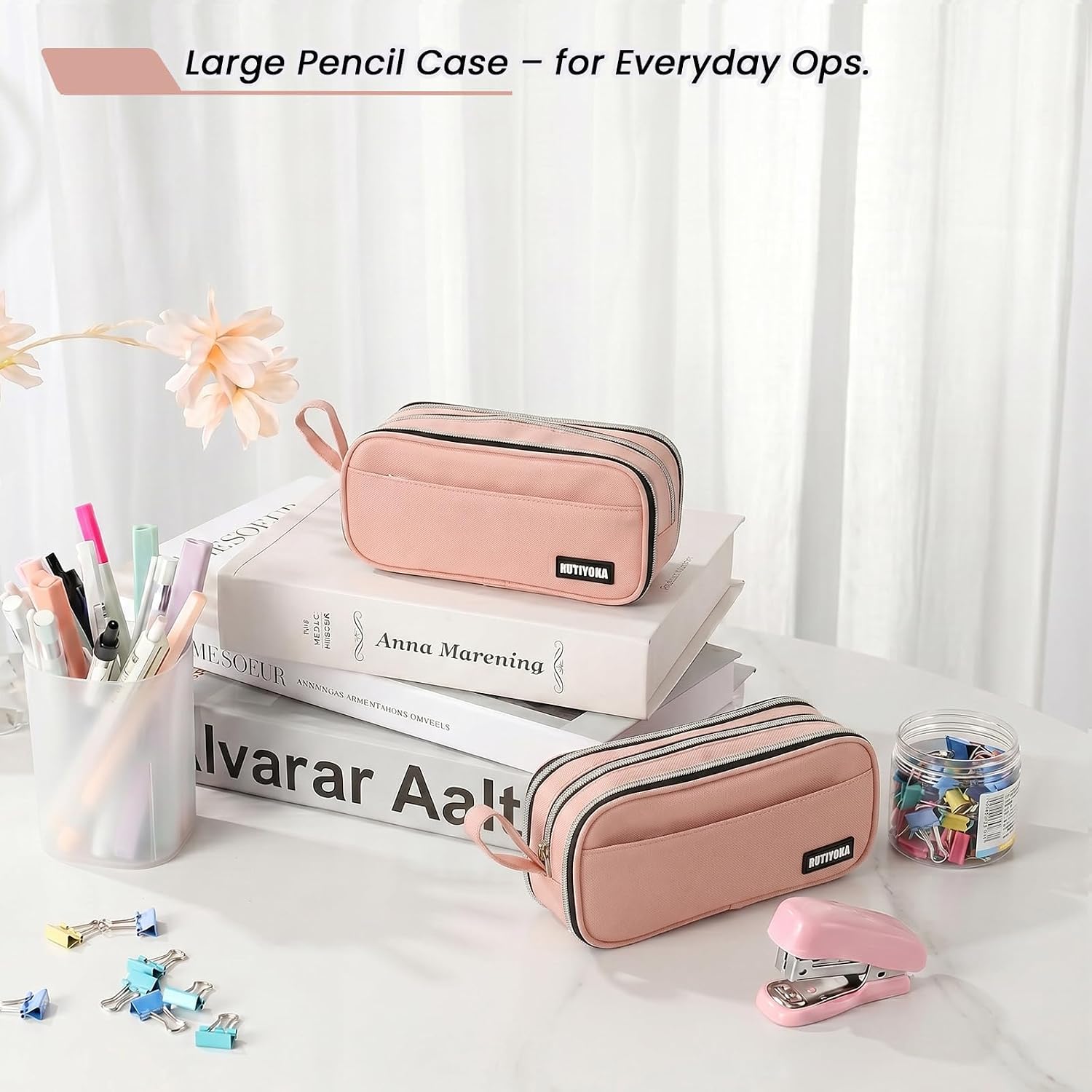 Large Pencil Case Pouch, Extra Big Pencil Bag with 4 Compartments for Kids, Oxford Cloth Pen Bag with Zipper, Pencil Organizer, Cute Aesthetic School Supplies for Teen Girls Boys Adults Pink