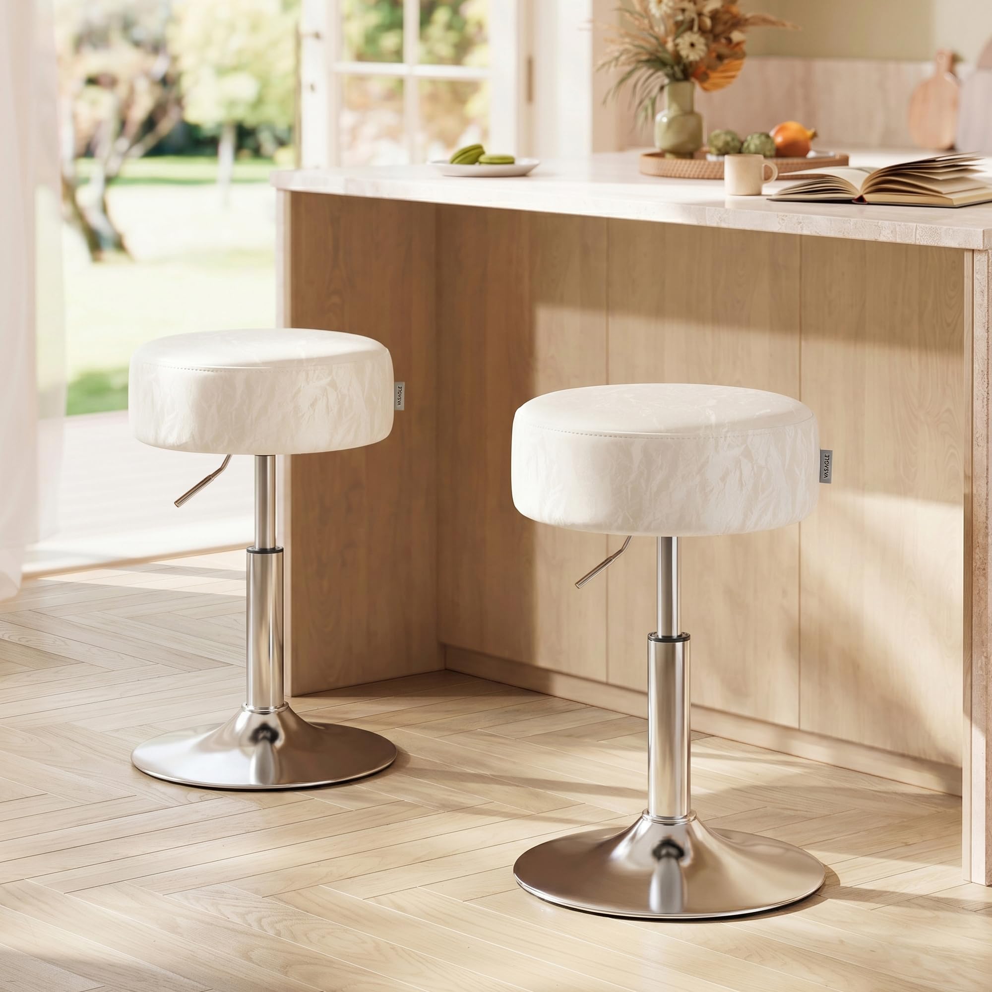 VASAGLE Adjustable Bar Stool, 360° Swivel, PU Leather, Thick Cushion, for Kitchen, Dining Room Bedroom, Modern, Cream White | LJB120W01 Dressing Chair Stool Stool Bedroom Kitchen Dining Room Modern White