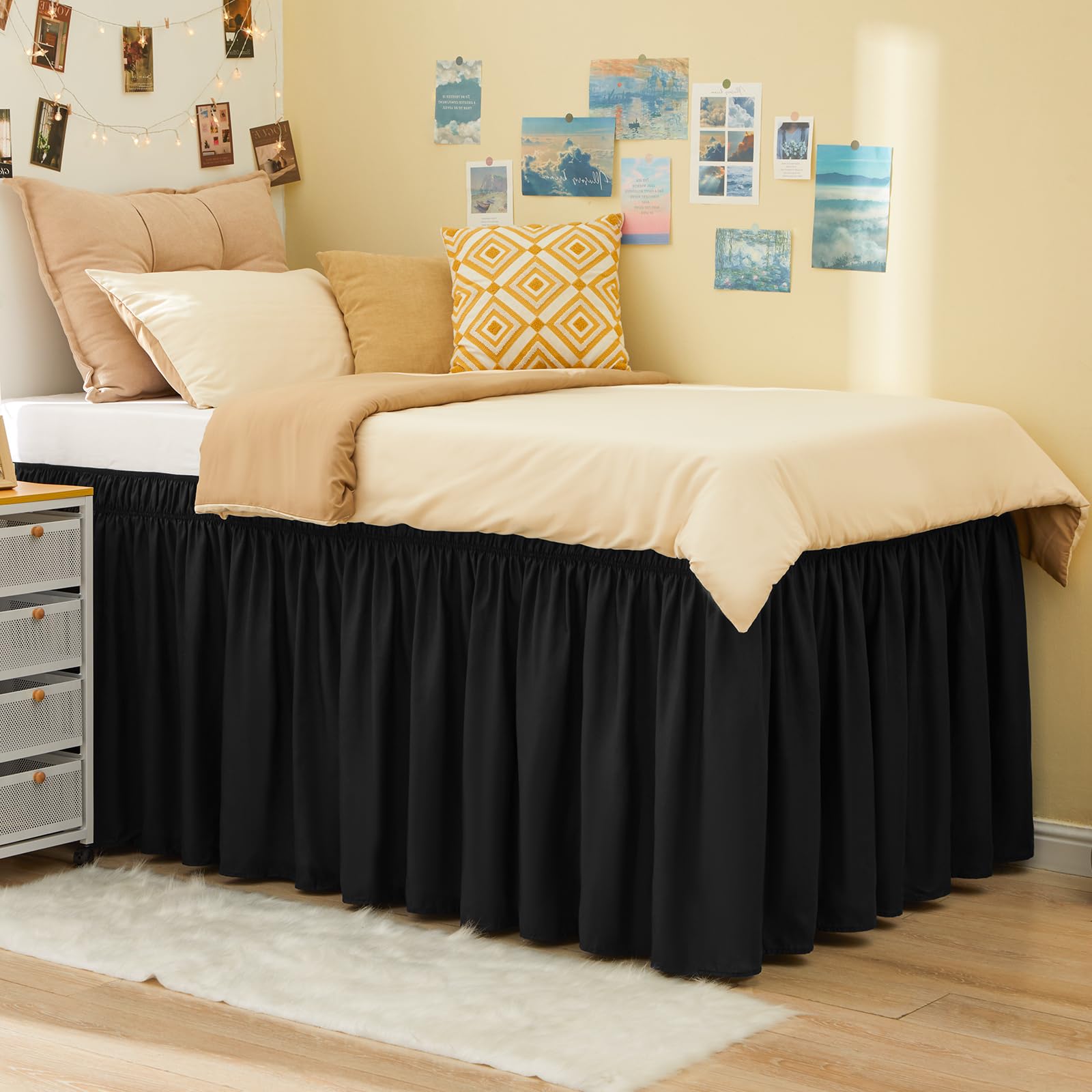 RIMELA Dorm Bed Skirt Twin XL 32 Inch Drop, Easy to Install Extra Long Wrap Around Elastic Dust Ruffle, White Bedskirt Solid Silky Fabric Machine Washable, Bedroom Decor