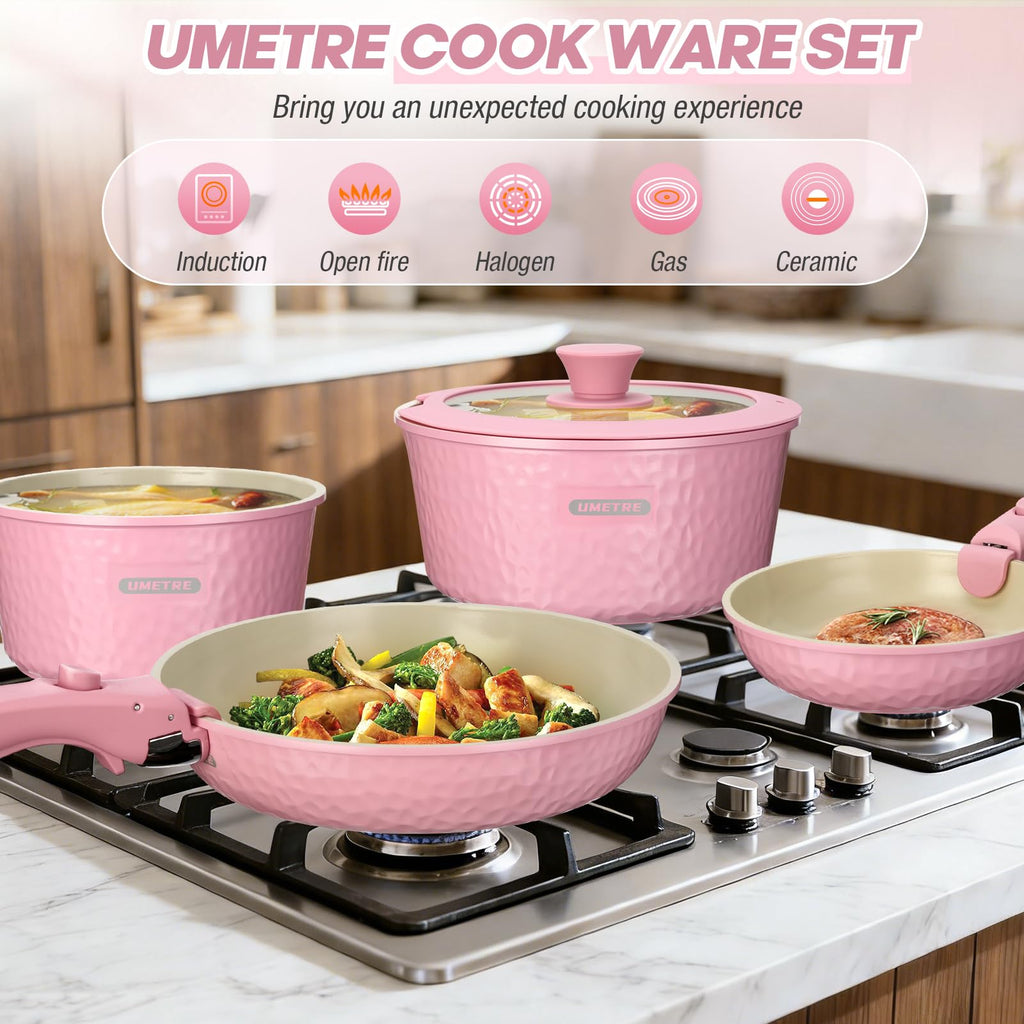 pots and Pans Set, Ceramic Nonstick Cookware Set Detachable Handle, Induction Kitchen Cookware Sets with Removable Handle, Non Stick RV Cookware Set, Dishwasher ＆ Oven Safe