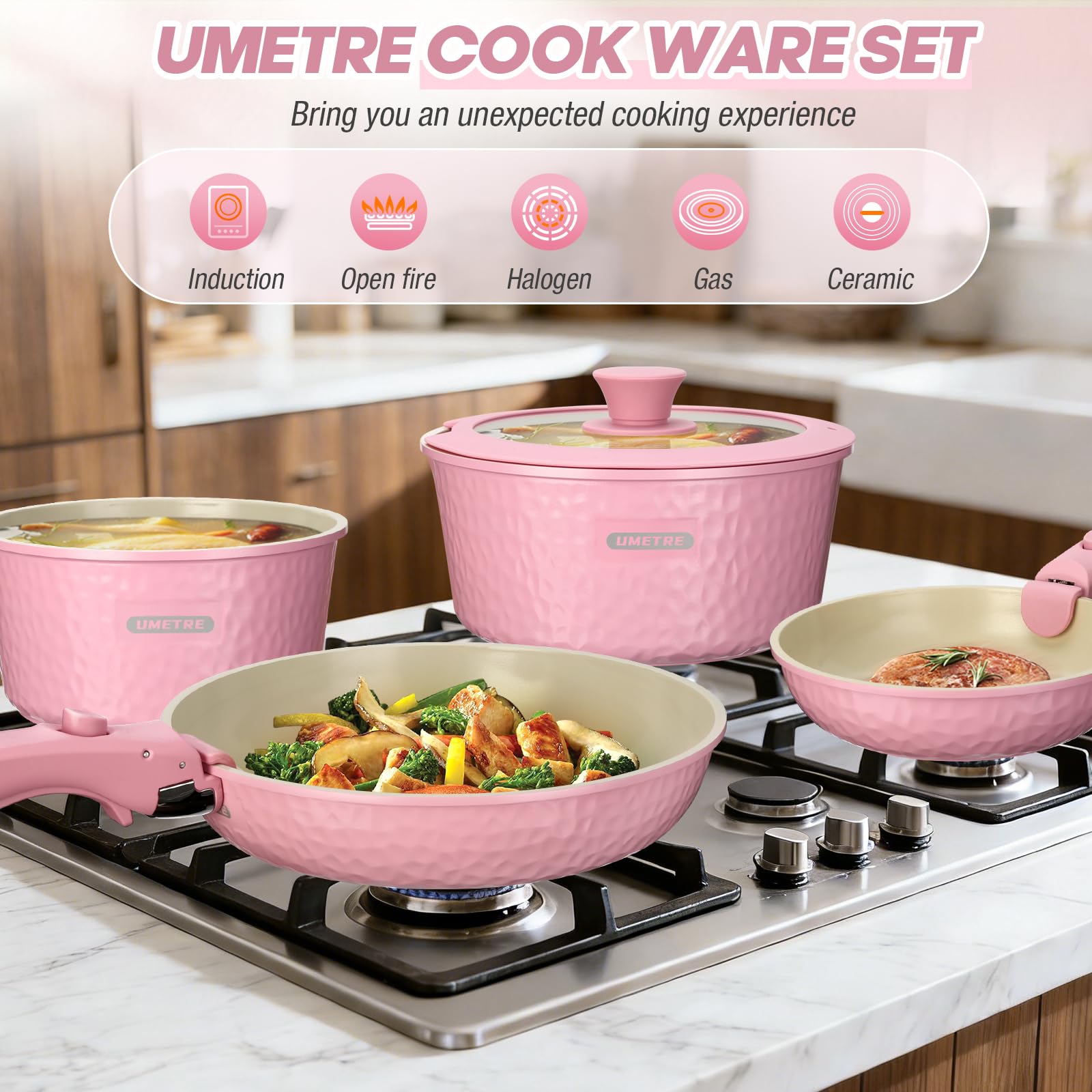 pots and Pans Set, Ceramic Nonstick Cookware Set Detachable Handle, Induction Kitchen Cookware Sets with Removable Handle, Non Stick RV Cookware Set, Dishwasher ＆ Oven Safe
