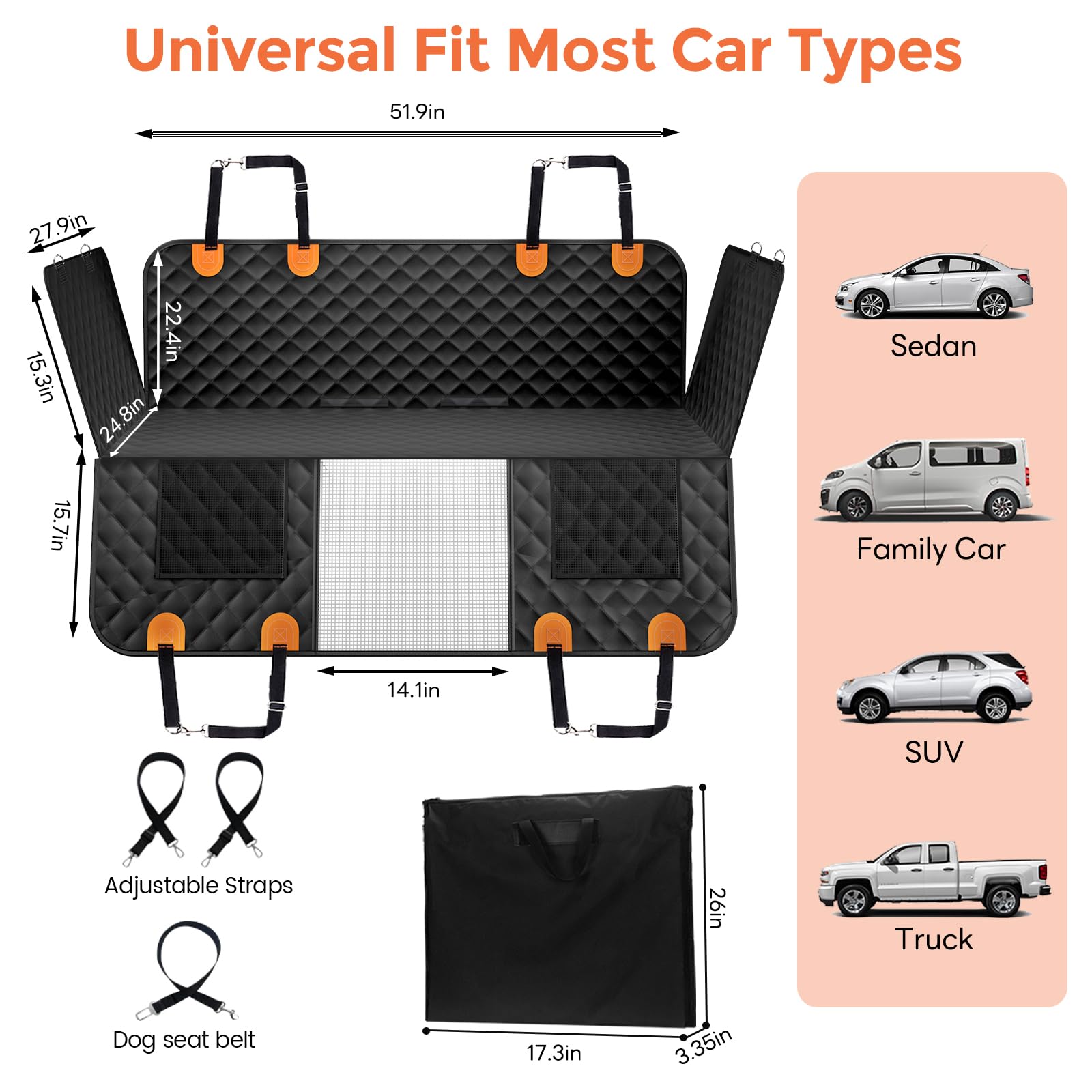 Dog Seat Cover for Back Seat, Hard Bottom Car Seat Cover for Dogs | Back Seat Extender Holds 500 lbs, Waterproof Back Seat Pet Cover for Dogs, Dog Hammock Travel Accessories for Car,SUV,Truck