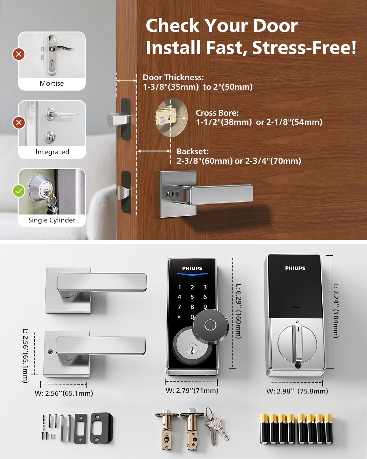Philips Smart Lock with Handles, Keyless Entry Door Lock Set, Keypad Door Lock with 2 Level Handles, Digital Keypad Deadbolt for Front Door, App Fingerprint PIN Code Unlocking, Auto Locking