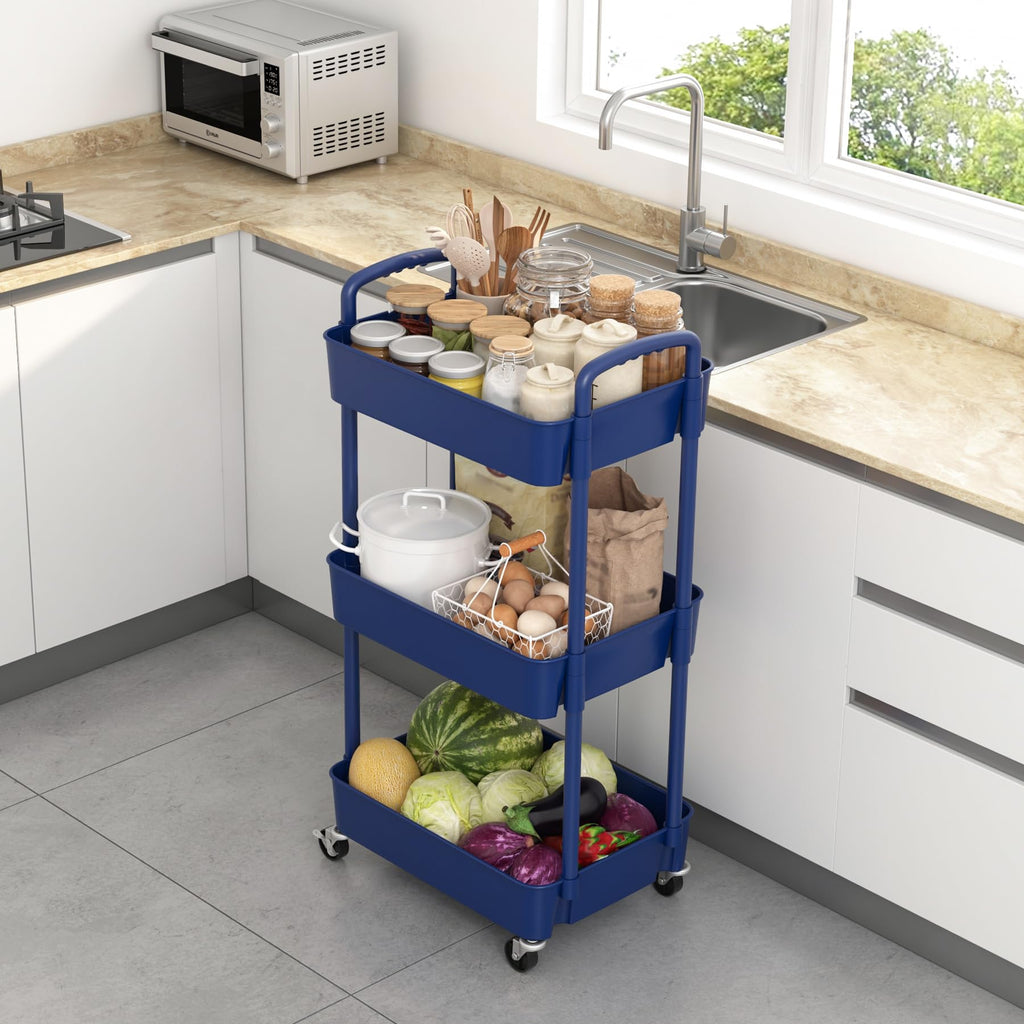 Sywhitta 3-Tier Plastic Rolling Utility Cart with Handle, Multi-Functional Storage Trolley for Office, Living Room, Kitchen, Movable Storage Organizer with Wheels, Black