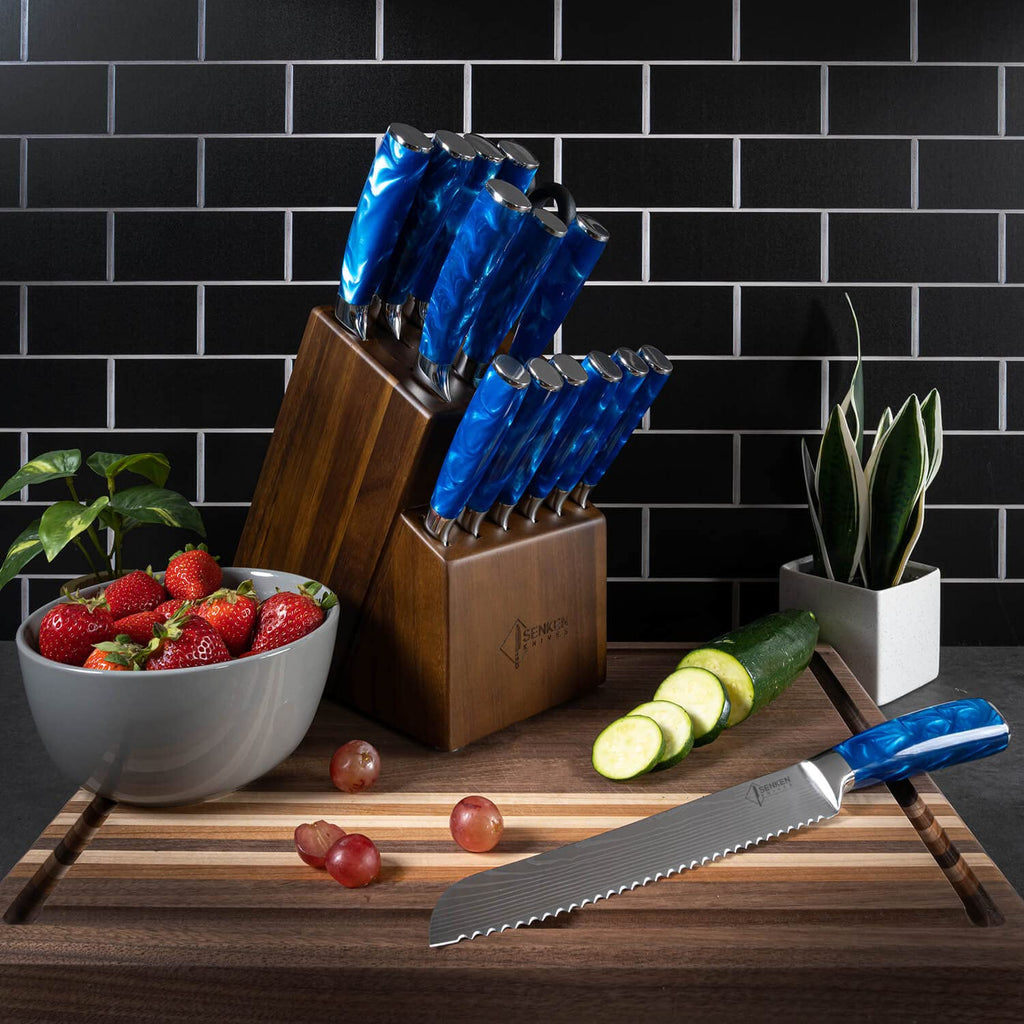 SENKEN 16-Piece Knife Block Set - Japanese High Carbon Stainless Steel with Damascus Pattern, Dark Wood Handles, 6 Steak Knives & Acacia Hardwood Block (Brown)