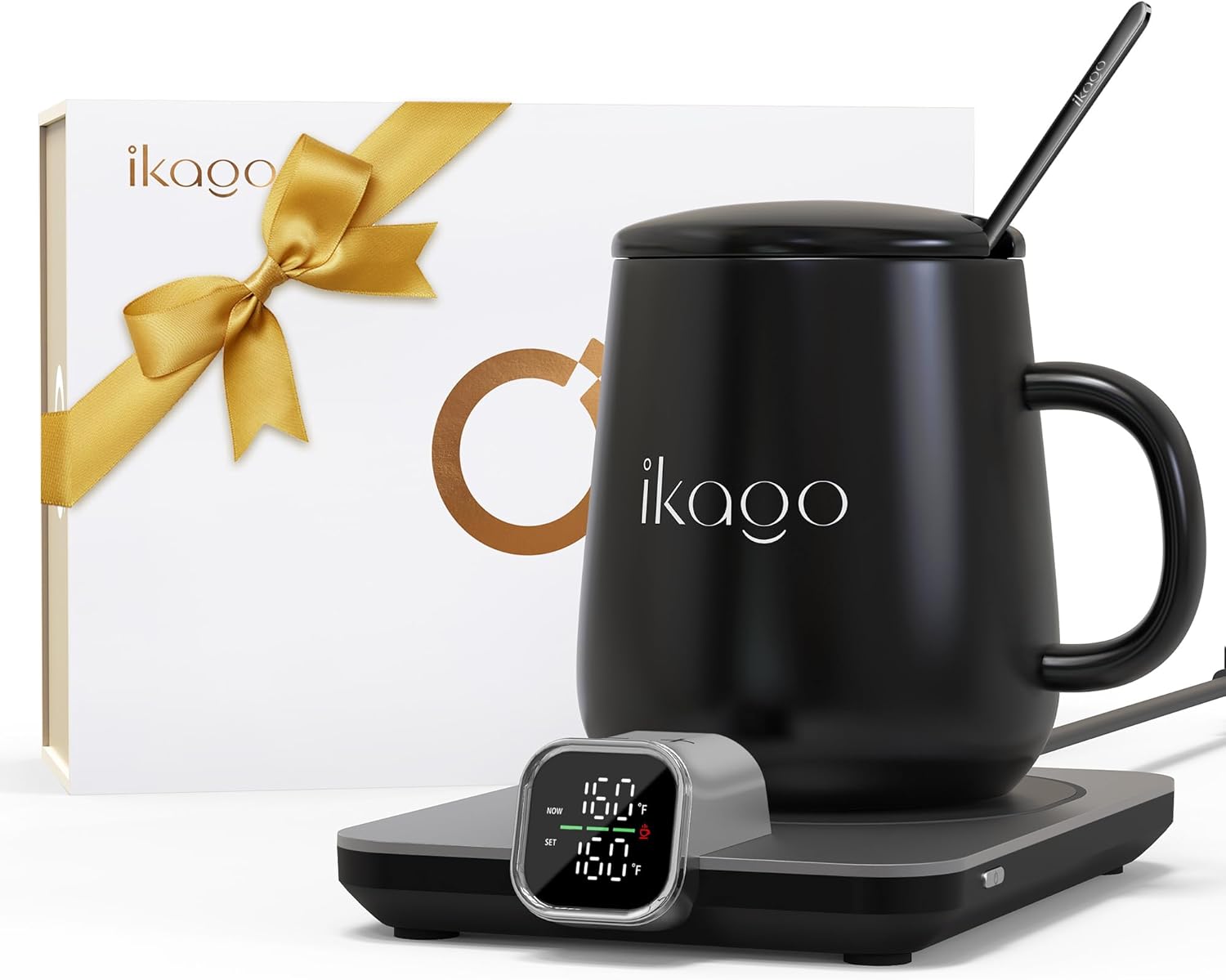 Coffee Cup Warmer & iKago Mug Set, 1℉ Precise Temp Control Mug Warmer | Auto Shut Off, Infrared Sensor, Dual Temp Display, ℉/℃ Optional, 15oz Mug with Spoon & Lid Included, Gifts for Men Women