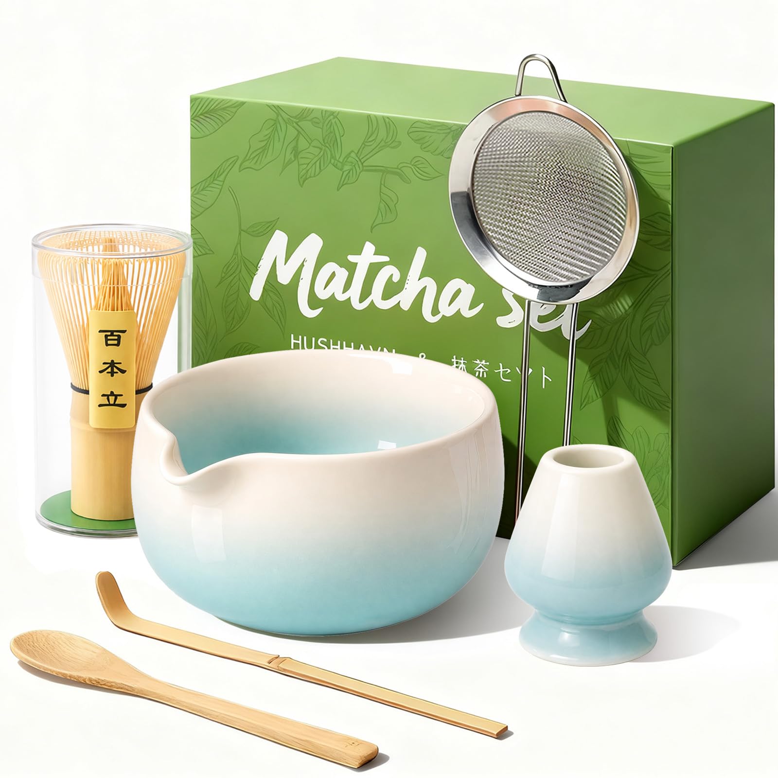 Matcha Whisk Set, Ceramic Matcha Set Includes Bowl & Holder, Bamboo Whisk (Chasen), Scoop, Spoon and Sifter, 6PCS Matcha Kit Covers Everything Needed for Making Matcha (Green)