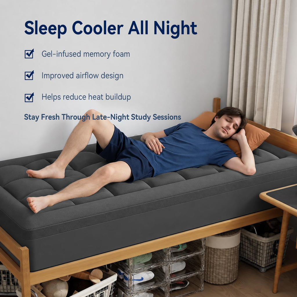 ELEMUSE Twin XL Dorm Dual Layer 3 Inch Memory Foam Mattress Topper for College, Dorm Room Essentials, 2 Inch Cooling Gel Foam and 1 Inch Soft Pillow Top Bed Pad,Back to School Comfortable Support