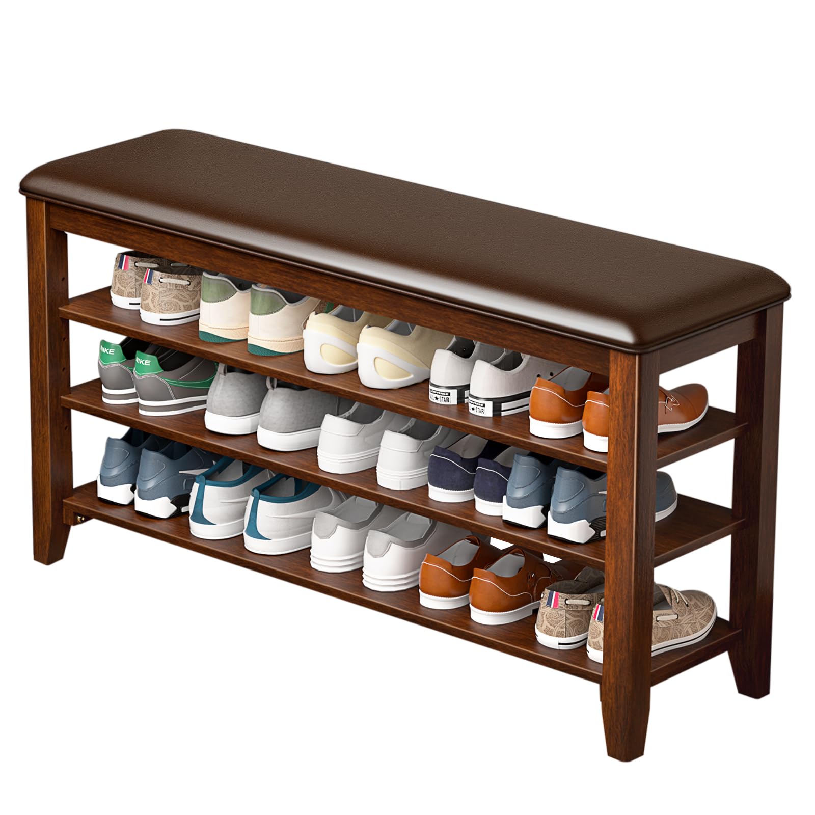 Taitiy Shoe Bench Storage Rubberwood with Leather Cushion for Entryway Bench Ideal for Hallways Shoe Rack Front Doors Entrances Mudrooms Featuring 3 Height-Adjustable and Removable Shelves
