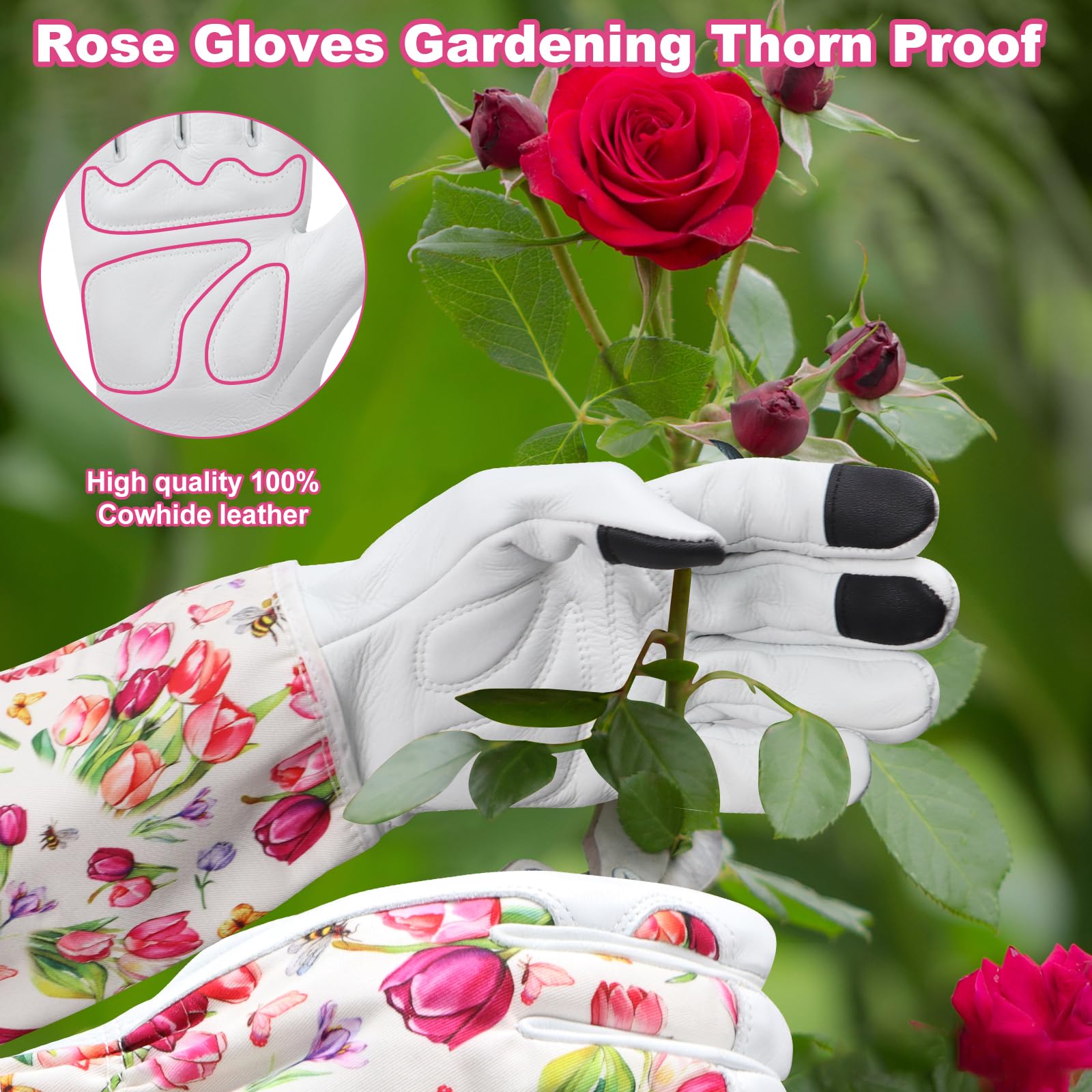 DLY Garden Gloves for Women,Gardening Gloves,Gardening Gift for Lady,Blue,M | Thornproof Cowhide Palm, Foam-Padded Grip, Long Sunflower Print Cuff, 3-Finger Touchscreen, Rose Pruning, Weeding & Yard Work