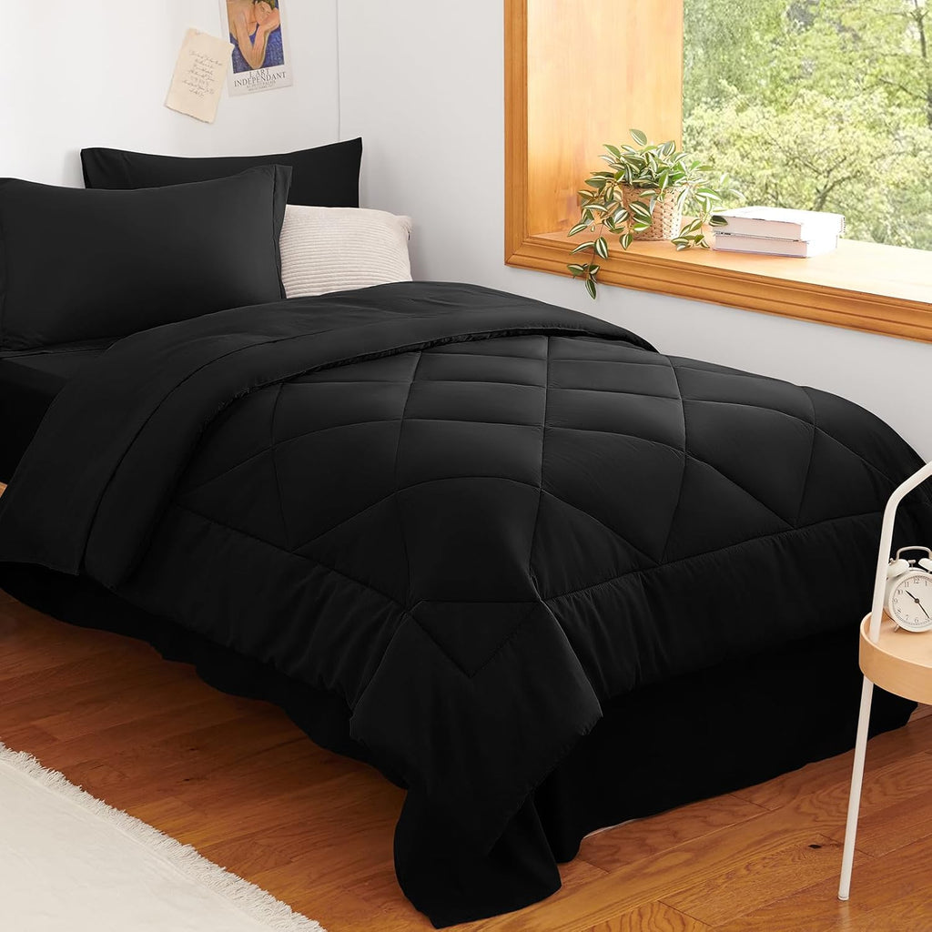 CozyLux Twin XL Comforter Set Black - 5 Pieces Twin Extra Long Bed in a Bag for College Dorm, All Season Bedding Set for Girls and Boys, Soft Bed Set with Comforter, Sheets, Pillowcase & Sham