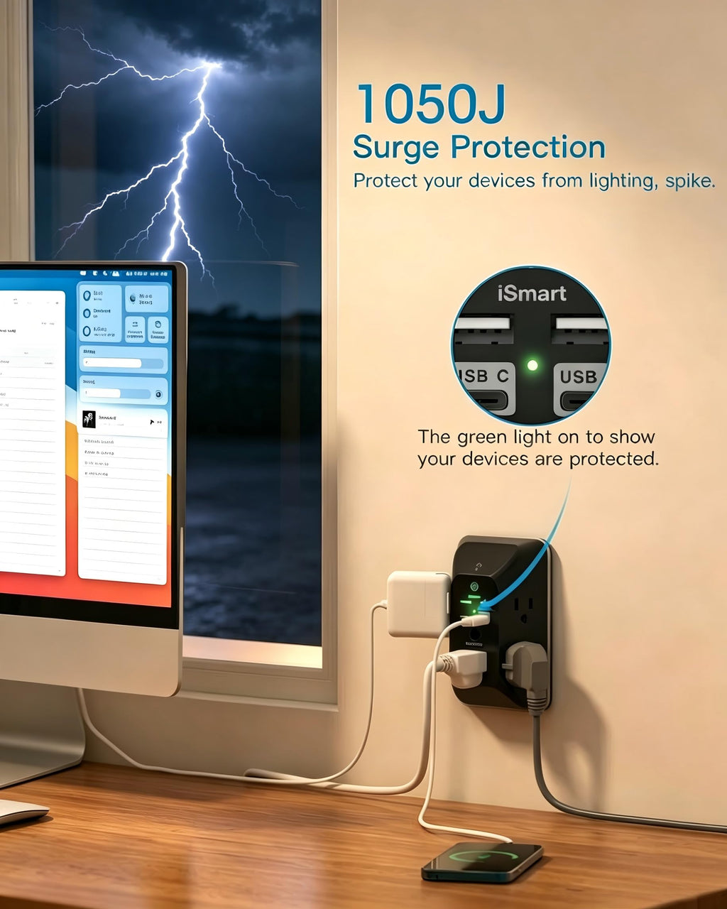 Outlet Extender with Night Light, Multi Plug Wall Outlet, Surge Protector | Multiple Electrical Outlet Splitter Expander, 4 USB Ports (1 USB C) Wall Charger, Plug Extension Adapter for Home, Dorm, RV