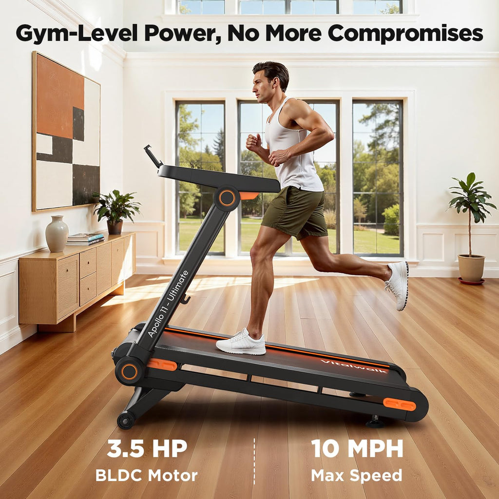 Vitalwalk Foldable Treadmill with Auto Incline, Commercial 49"x18" Wide Running Belt, 10MPH, 3.5HP Brushless, Walking Pad Treadmill for Home, Auto Folding, No Installation, 350LBS, APP