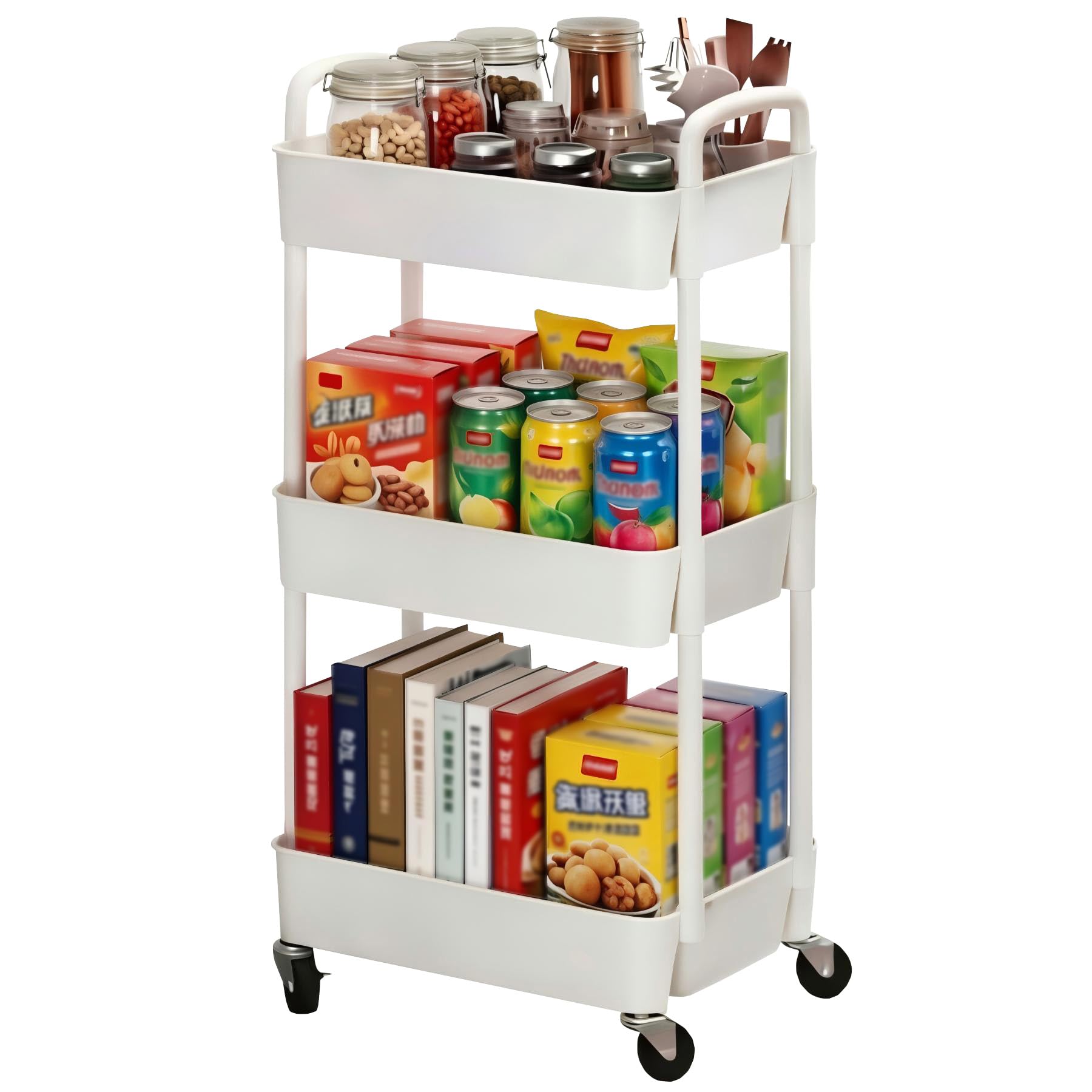 Sywhitta 3-Tier Plastic Rolling Utility Cart with Handle, Multi-Functional Storage Trolley for Office, Living Room, Kitchen, Movable Storage Organizer with Wheels, Black